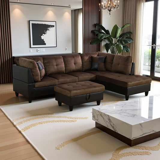 103.5" Oversized Sectional Couch, L Shaped Couch with Storage Ottoman, Modern Modular Sofa with Deep Seat, Sectional Couches for Living Room and Office, Brown (Lint and PVC)