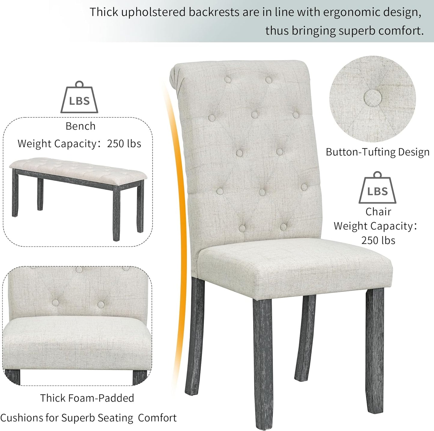 HomSof 6-Piece Retro Rectangular Dining Table Set, Table with Unique Legs and 4 Upholstered Chairs & 1 Bench for Dining Room and Kitchen, Gray Wash