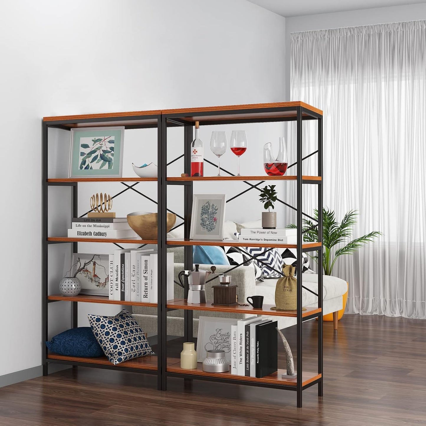 Himimi Industrial Bookshelf 5-Tier Set of 2, Bookcase 58" H Ladder Shelf, Storage Shelves Rack Shelf Unit, Accent Furniture Metal Frame, Home Office Furniture, Vintage Brown(2PCS)