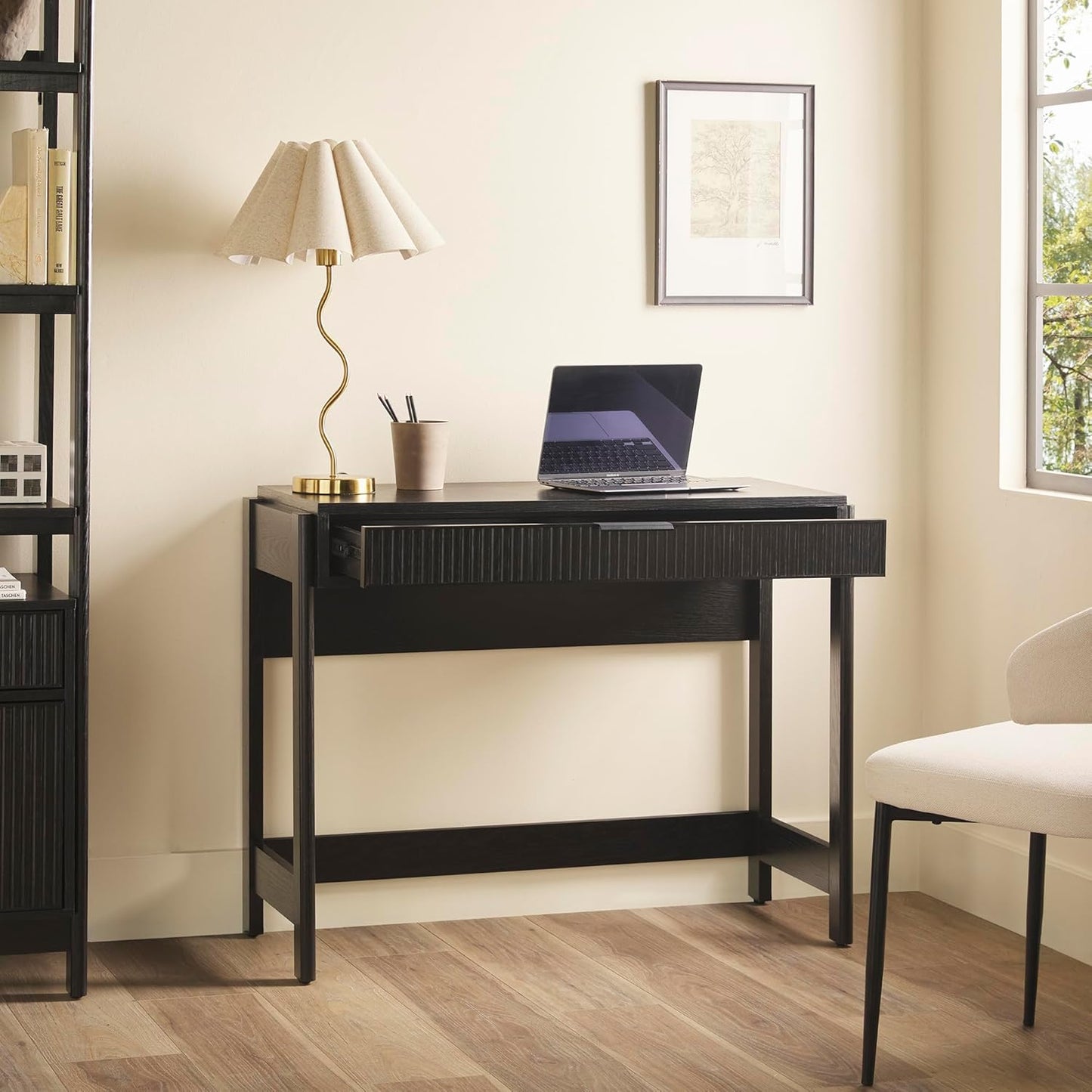Walker Edison Transitional Office Design, Reeded Drawer Front Detail, Writing Desk with Drawer, Spacious Desktop, Complementary in Living Spaces, 38”W x 16.75”D x 30”H, Black