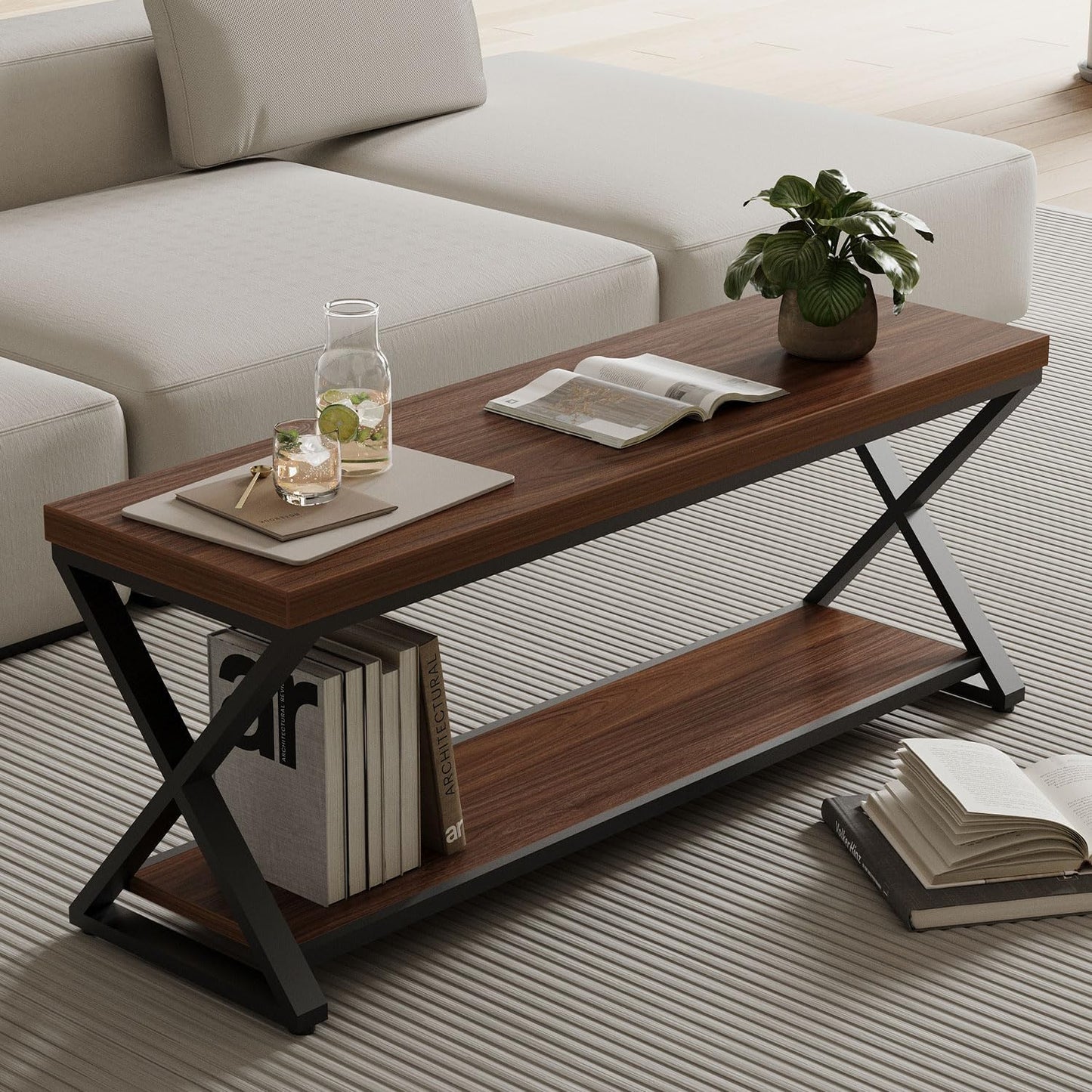 IBF Wood Entryway Bench Indoor, Industrial Wooden Metal Entry Shoe Storage Bench in Bedroom, Farmhouse Hallway Shoe Rack Bench Seating for Foyer Living Dining Room End of Bed, Walnut, 47 Inch