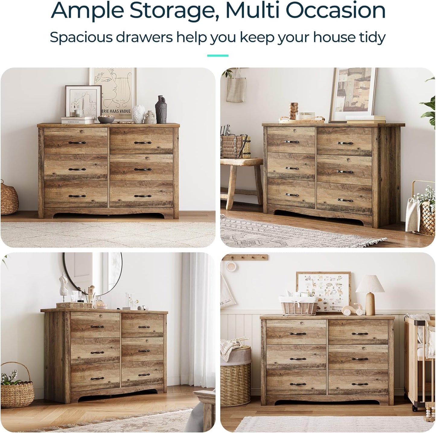 LINSY HOME 6 Drawers Dresser for Bedroom, Wood Bedroom Dresser Modern Drawer Chest, 6 Chest of Drawer, Tall Dresser for Closet, Dressers Organizer for Living Room, Closet, Hallway, Nursery