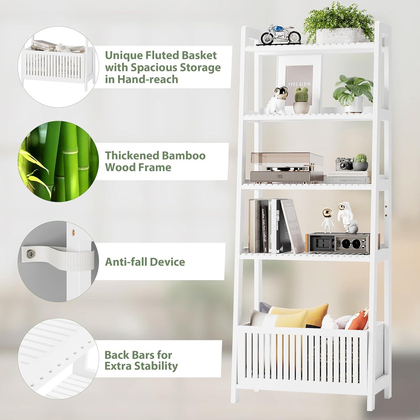Bamjoy Bamboo White Bookshelf with Slatted Basket, Ladder Bookcase with 4 Display Shelves and 1 Open Storage Basket, Multifunctional Storage Rack Organizer for Home Office, Bedroom, Living Room, 66” H