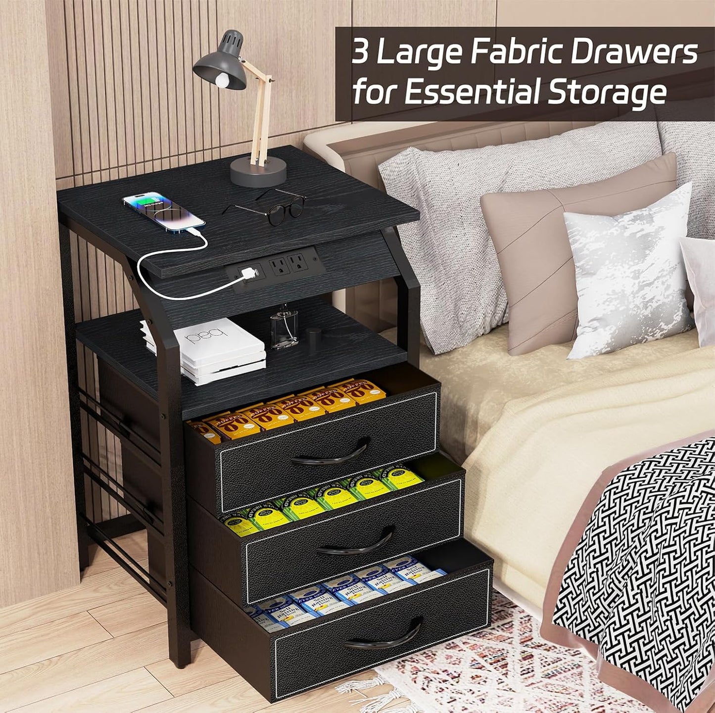End Tables Set of 2, Nightstands with Charging Station and LED Lights, 3 Drawers Fabric Dressers, Storage Side Tables for Bedside, Living Room, Modern Black