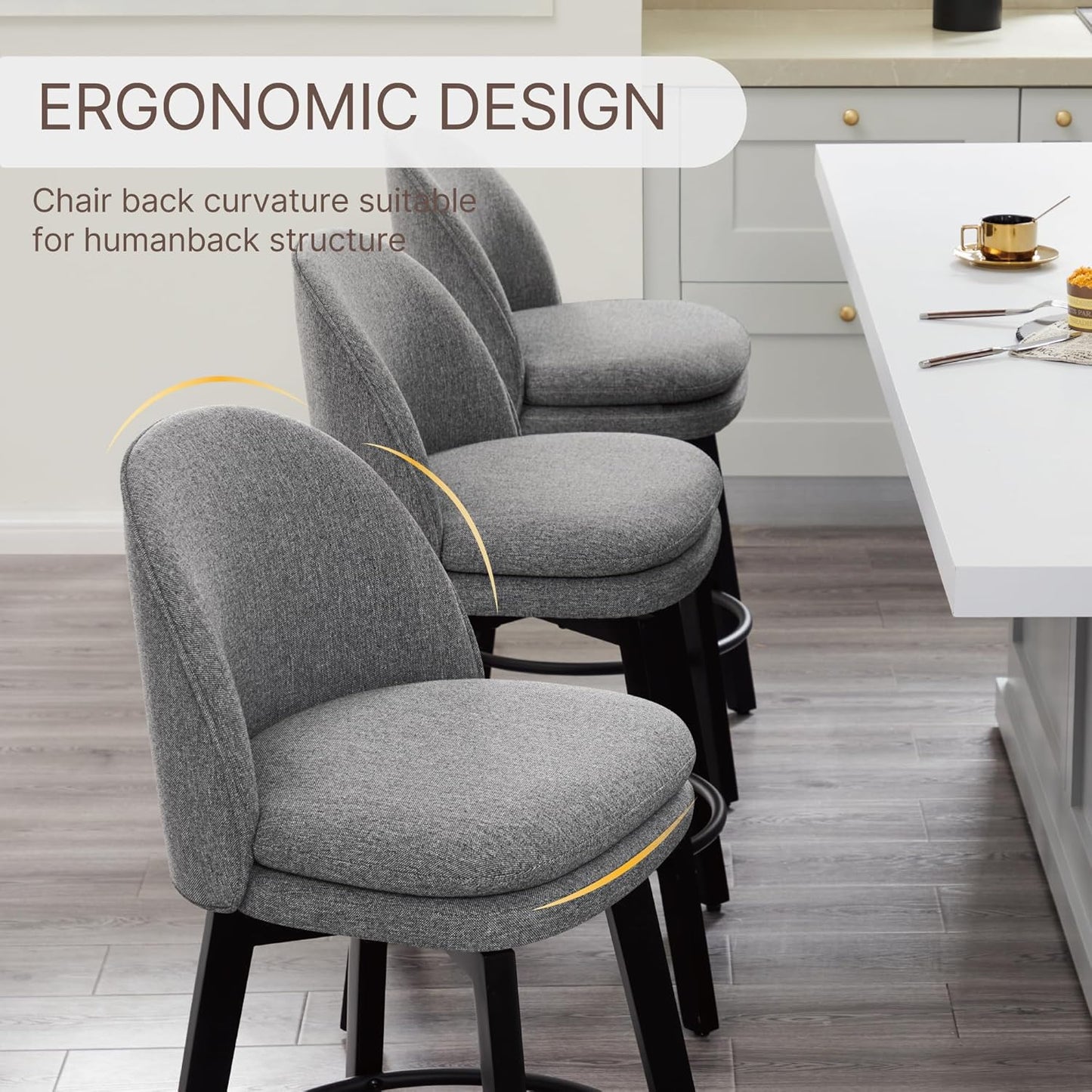 Counter Height Barstools 26 inch Upholstered Swivel Bar Stools with Back and Wood Legs for Kitchen Island,Set of 4,Dark Grey Fabric-Armless