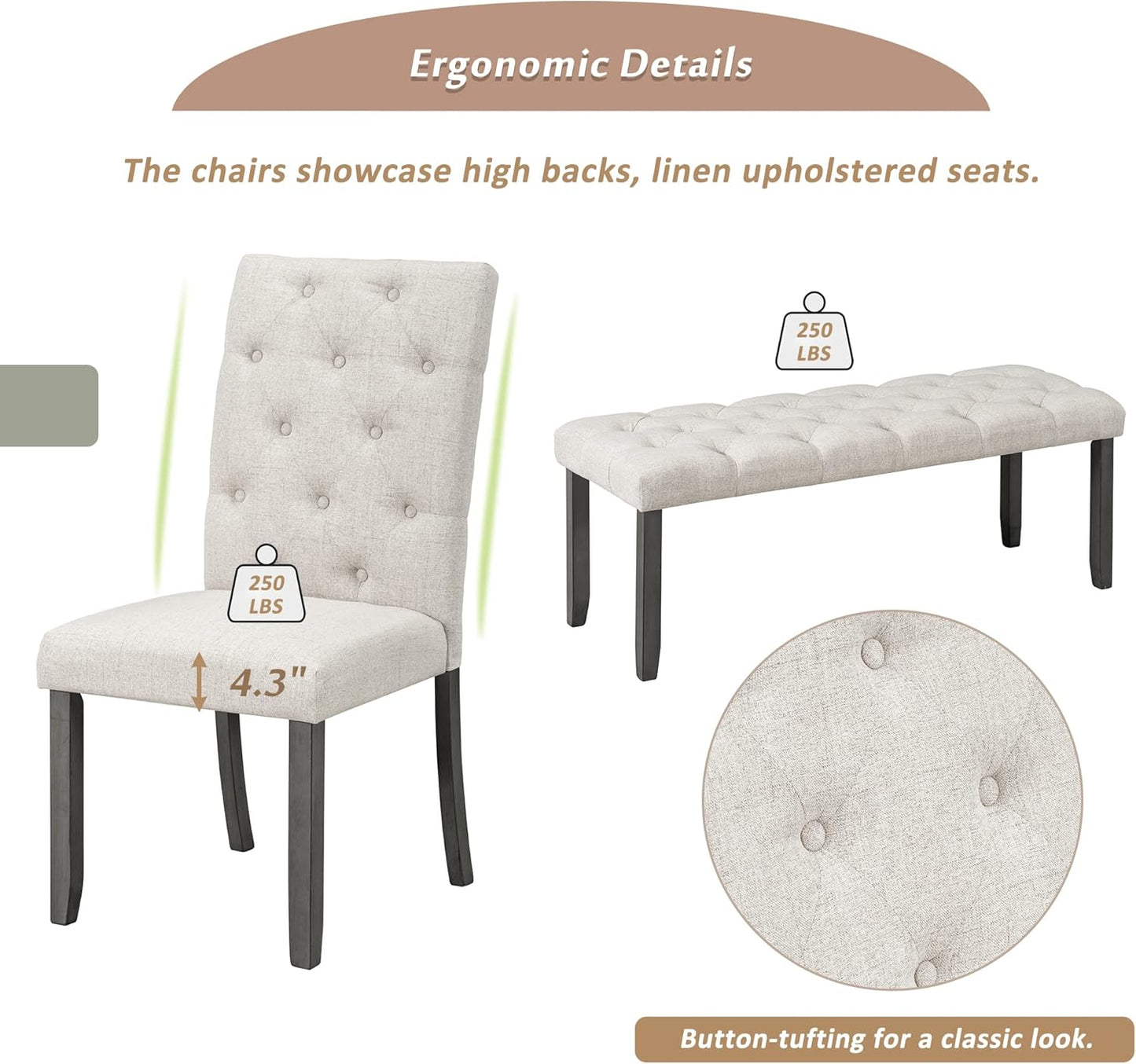 Ball & Cast 6 Piece Dining Table Set with 4 Upholstered Chairs and 1 Bench,Wooden Living Room Furniture for 6 W/ 72" Rectangle Desk,for Small Space,Apartment,Dining Room,Gray