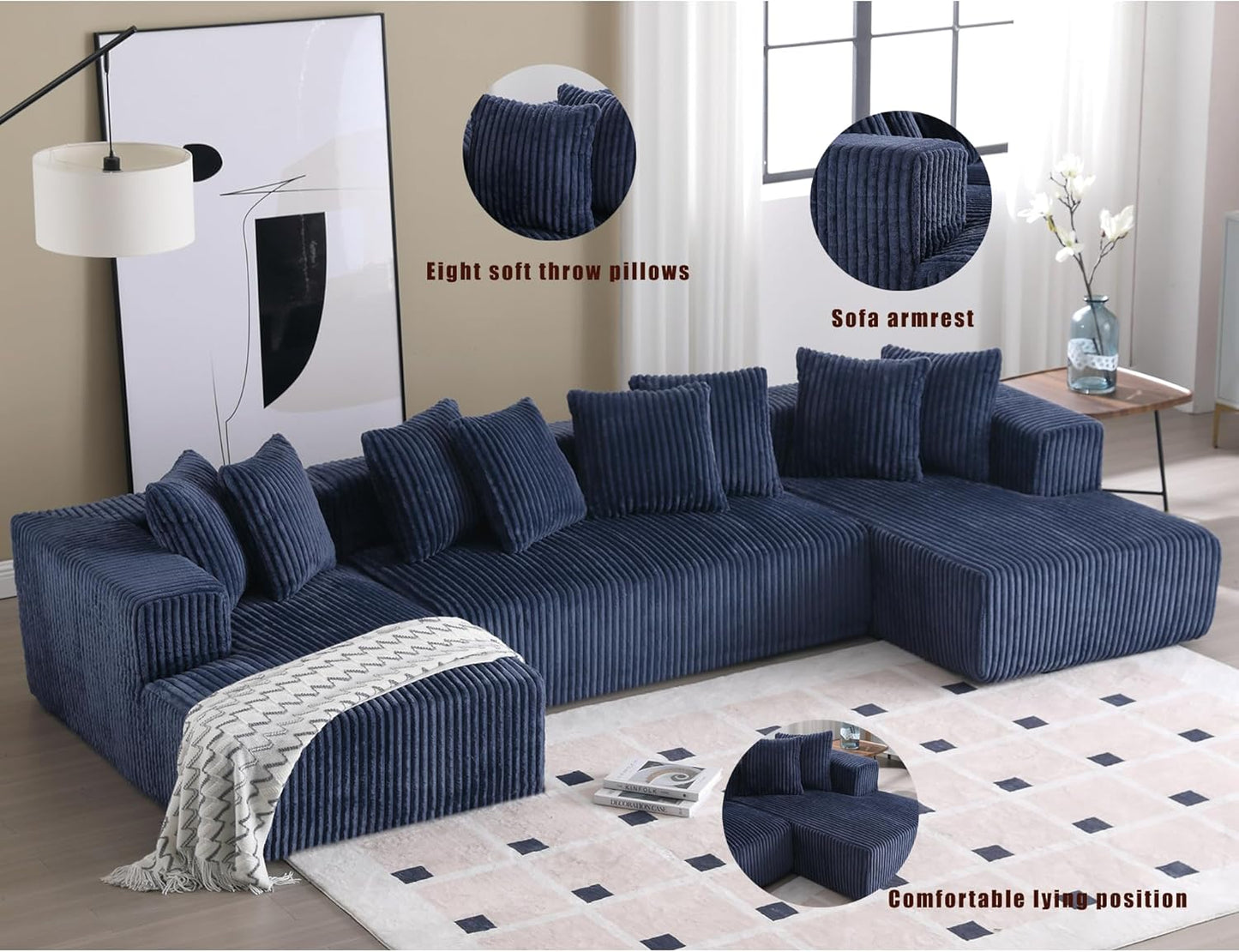 Free Combination Cloud Boneless Modular Sectional Sofa with Chaise Lounge,Modern Minimalist Upholstered Couches, Oversized U Shaped Lounge Sofa Couch w/ 8 Pillows