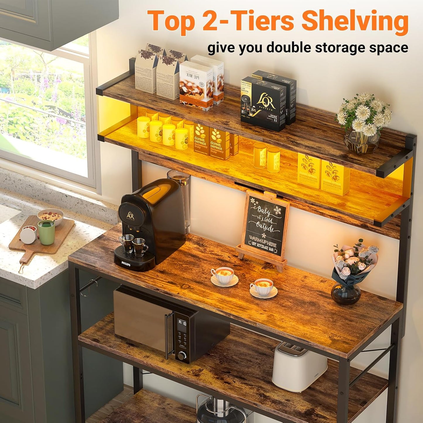 Aheaplus Bakers Rack with Power Outlet, Microwave Stand, 5 Tiers Coffee Bar Station with Led Lights, Kitchen Storage Shelf with 6 S-Shaped Hooks, Kitchen Rack Coffee Bar Stand, Rustic Brown