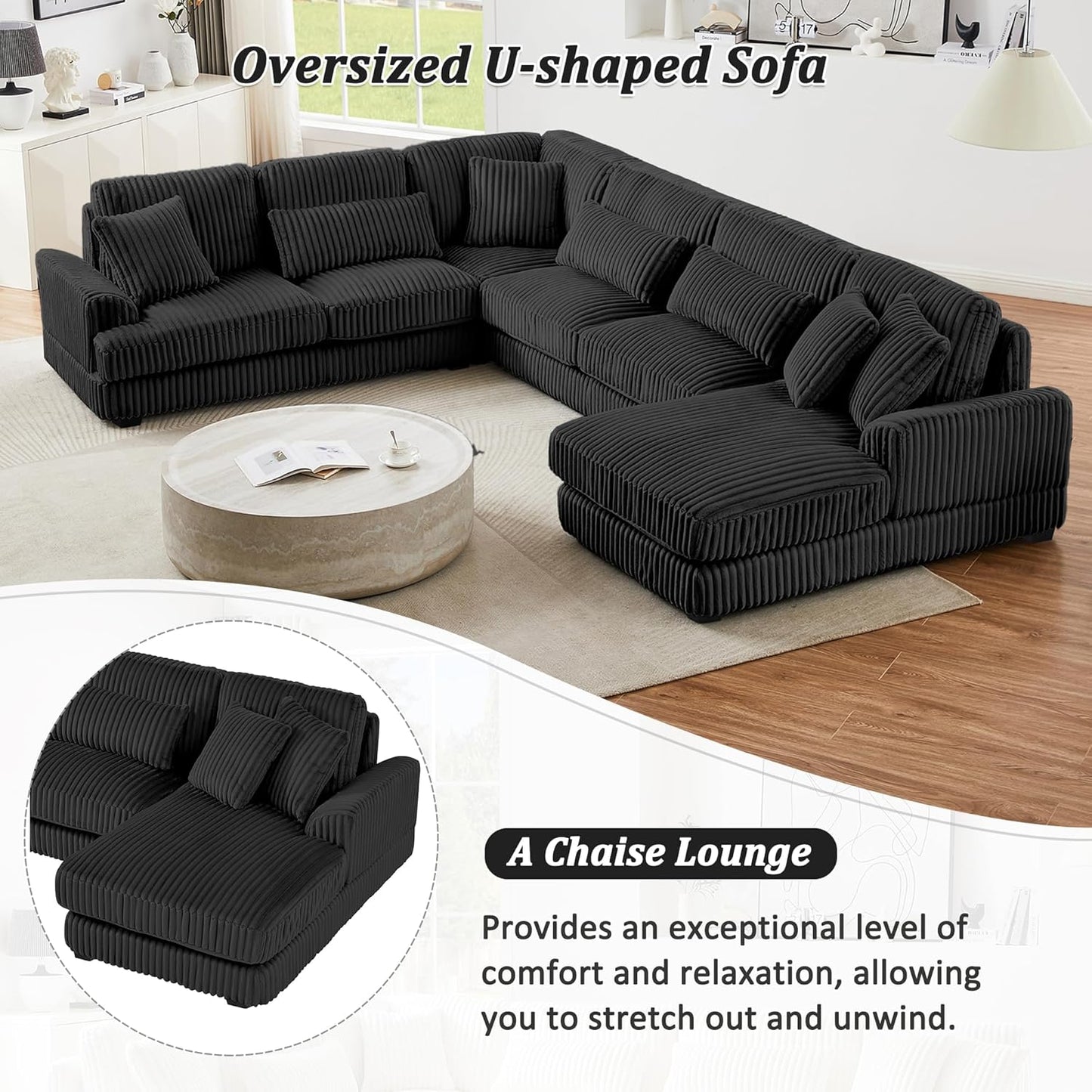 129" Oversized U Shaped Modular Sectional Sofa Couch for Living Room 7 Seater Plush Corduroy Upholstered Large Sofa Deep Seat Cloud Couch with Extra Wide Chaise Lounge and Detachable Thick Cushions