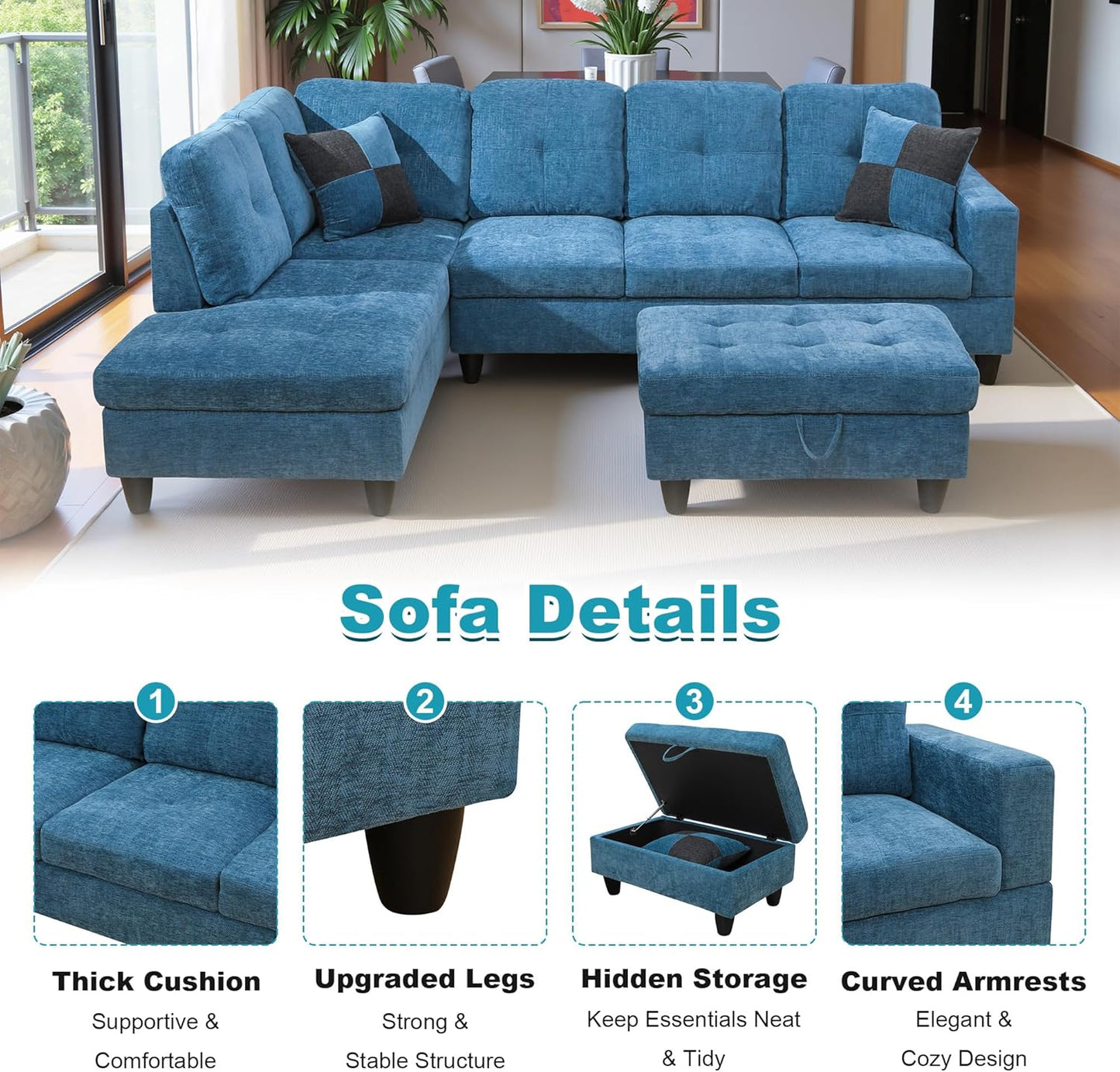 103.5" Oversized Sectional Couch, L Shaped Couch with Storage Ottoman, Modern Modular Sofa with Deep Seat, Sectional Couches for Living Room and Office, Blue (Flannel)