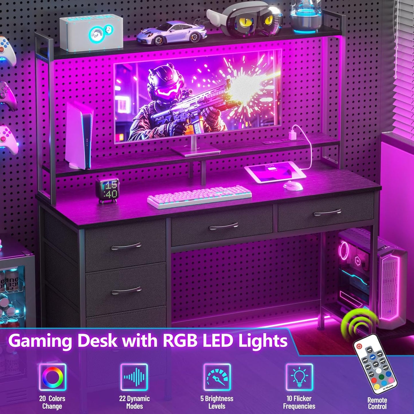 Computer Gaming Desk with Hutch, Home Office Desk with Power Outlets, LED Light, 5 Storage Drawers, 2 Tiers Shelves for Display, 47 Inch Modern Study Writing Table for Bedroom, Black