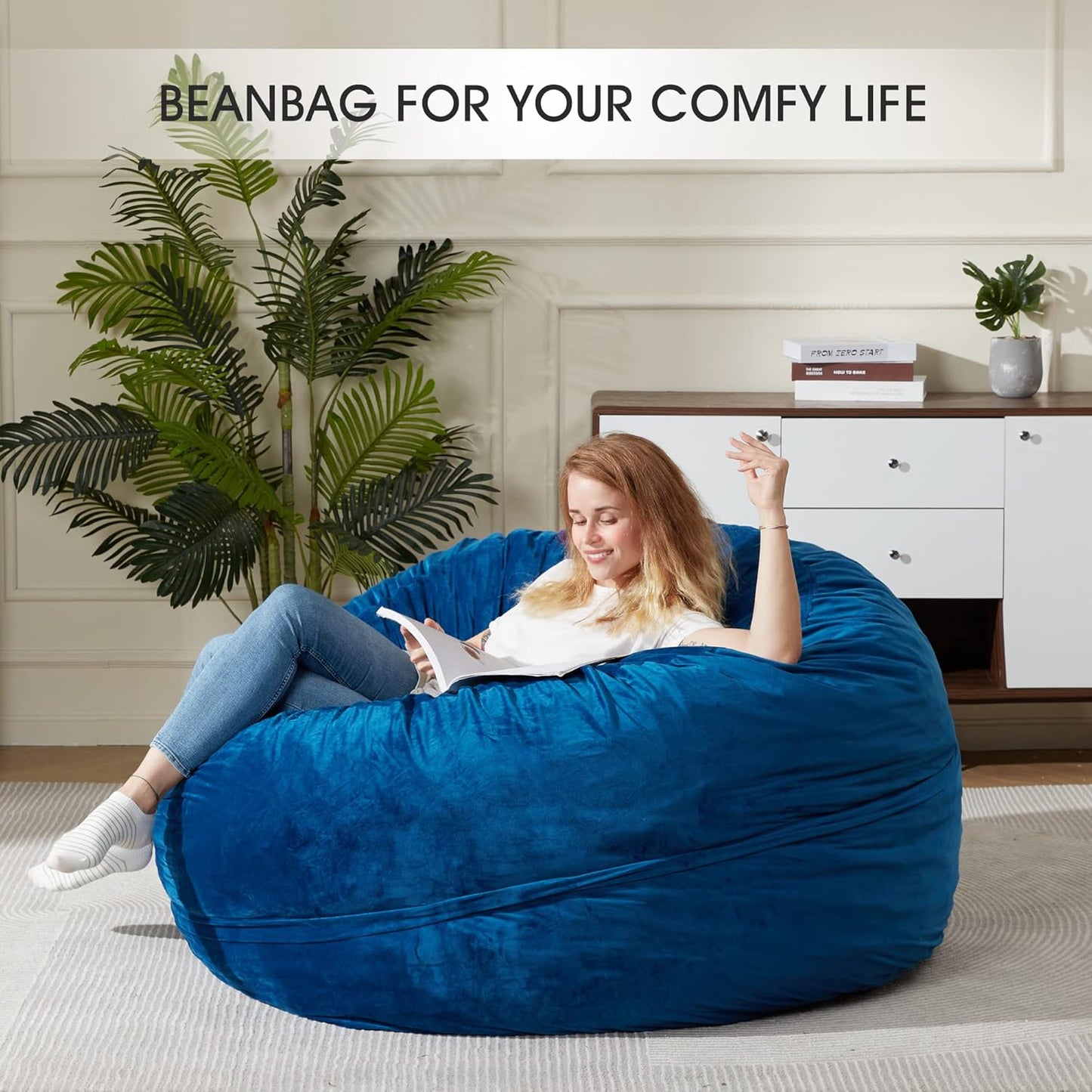 HABUTWAY Bean Bag Chair: Giant 5' Memory Foam Furniture Bean Bag Chair for Adults with Microfiber Cover 5Ft (Blue)