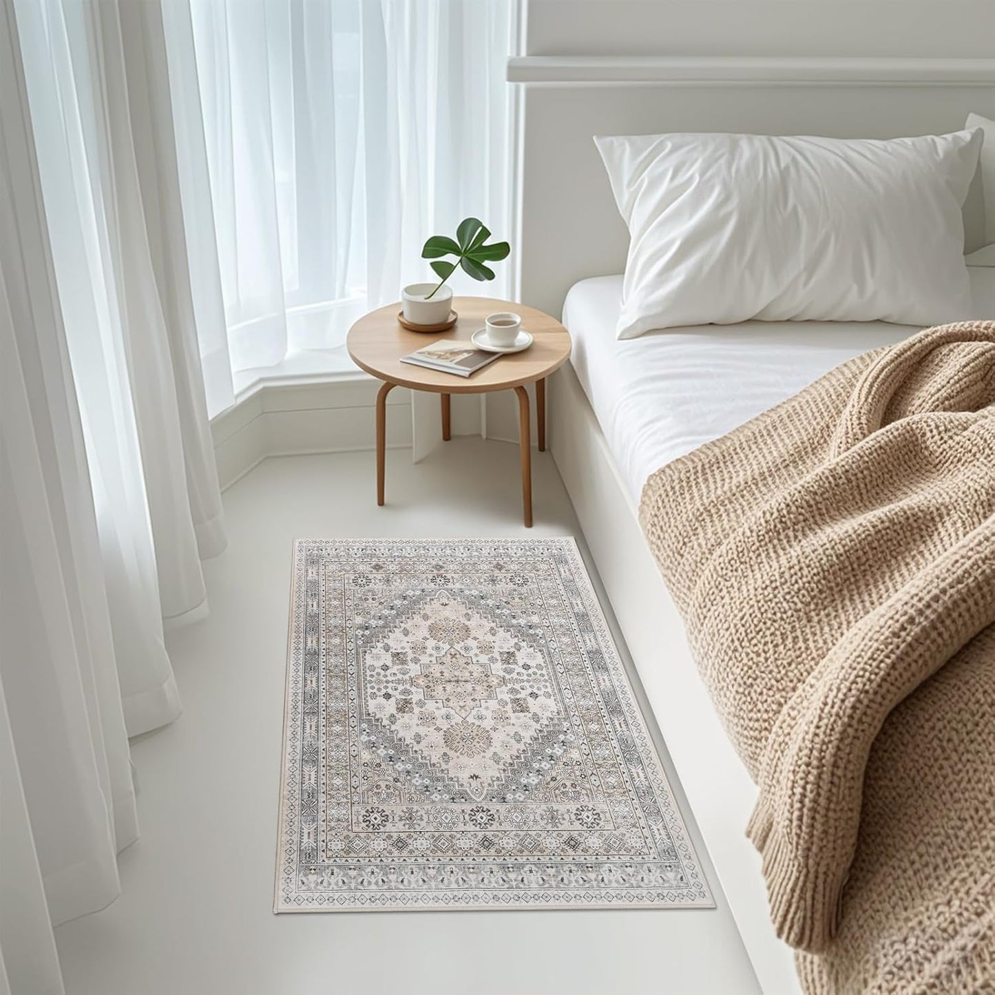 zesthome 2x3 Entryway Rug, Soft Washable Rugs, Non Slip Area Rug, Stain Resistant Low Pile Rugs for Bedroom, Vintage Rug for Door Mat, Kitchen (Beige,2'x3')