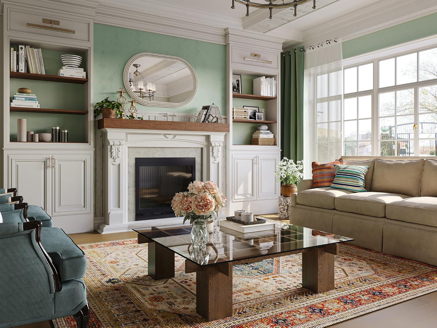 Boho Oval Mirror, 24" x 36" Farmhouse Antique Oval Bathroom Mirrors, Wooden Rustic Decorative Mirror with Beaded for Wall, Bedroom, Dining Room, Hallway, Vertical or Horizontal Hanging