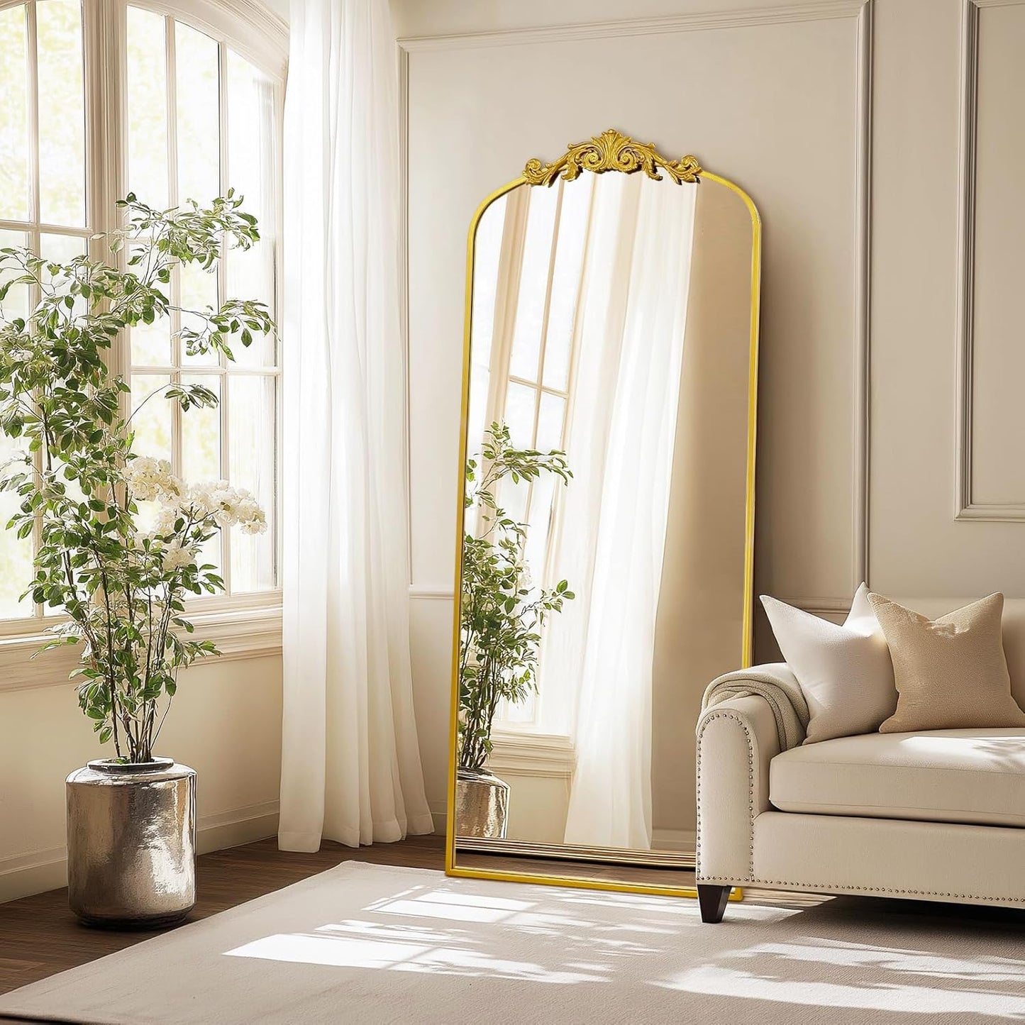 AIXI HOME Antique Gold Arched Full Length Mirror, 71"x30" Floor Vintage Mirror with Ornate Frame, Baroque Inspired Home Decor for Livingroom Bedroom Entryway