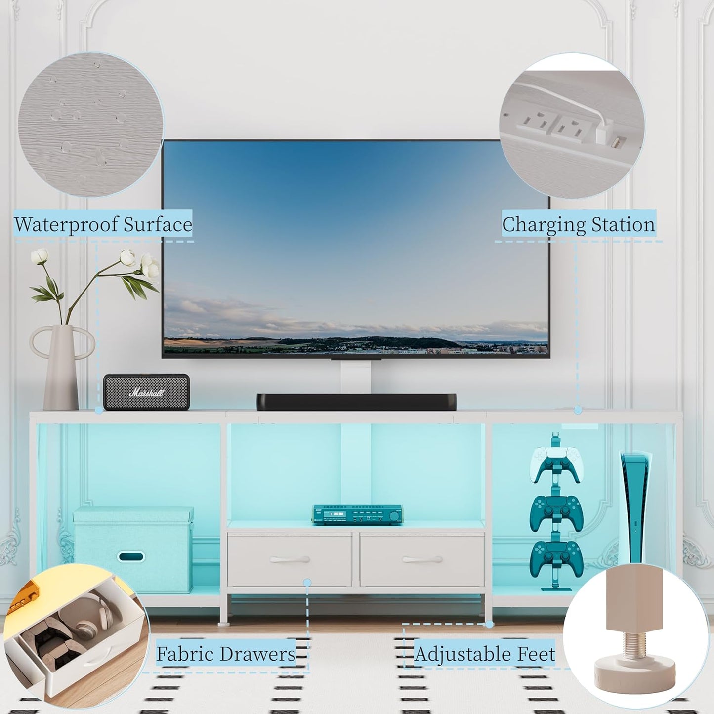 63" W TV Stand with Mount for 55,65,75" TV,Entertainment Center with Power Outlet and Led Lights,Height Adjustable TV Console Table with Open Storage Shelves and Fabric Drawers (White, 63" W)