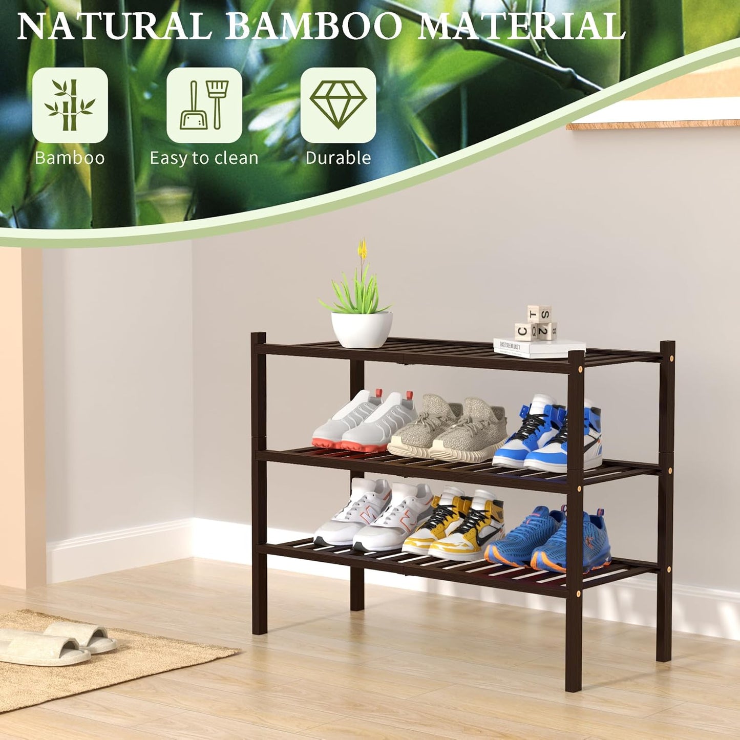 3 Tier Bamboo Shoe Rack for Closet Free Standing Wood Shoe Shelf for Entryway Small Space Stackable 27"x11"x20" (Brown)
