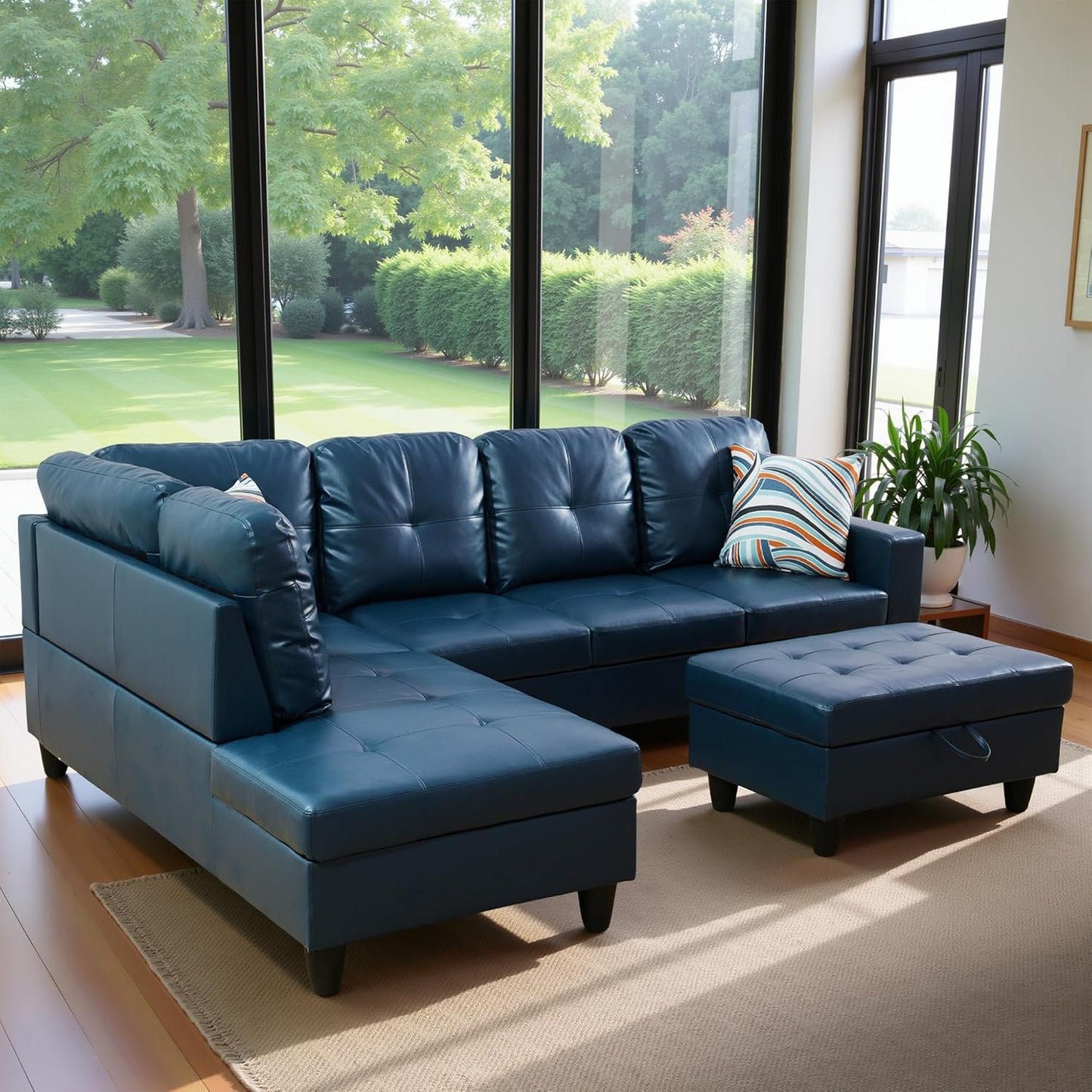 103.5" Oversized Sectional Couch, L Shaped Couch with Storage Ottoman, Modern Modular Sofa with Deep Seat, Sectional Couches for Living Room and Office, Peacock Blue (PU Leather)