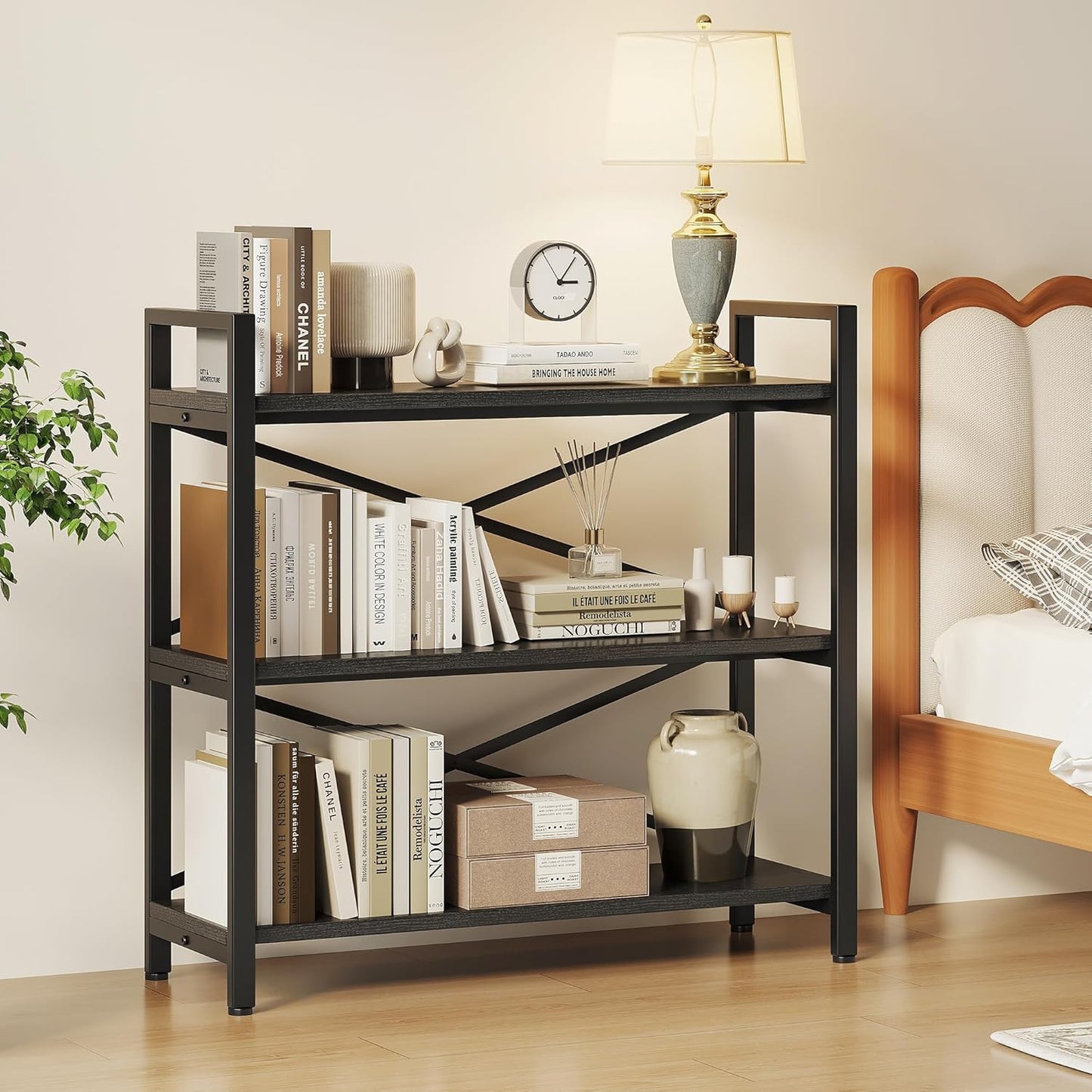 Homeiju 3 Tier Bookshelf 31.49" Width, Wood and Metal Etagere Bookcase, Vintage Farmhouse Modern Wooden Big Book Shelf for Home Living Room Bedroom Office Storage(Black)