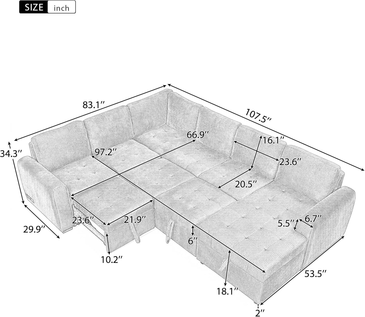 107.5" Corduroy U Shaped Sofa,Sectional Sleeper Couch Pull Out Bed with Storage Chaise,Convertible Corner Sofa-Bed w/Portable Handles and Smooth Wheels,2 USB,for Living Room,Beige
