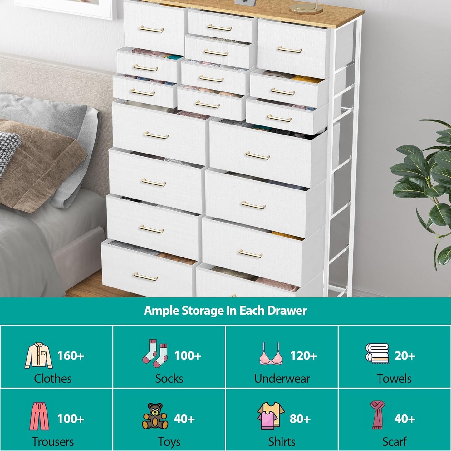 Modern Chest of Drawers for Bedroom,Tall White Fabric Dresser with 18 Deep Drawers, Large Vertical Storage Organizer Cabinet for Closet, Nursery, Office