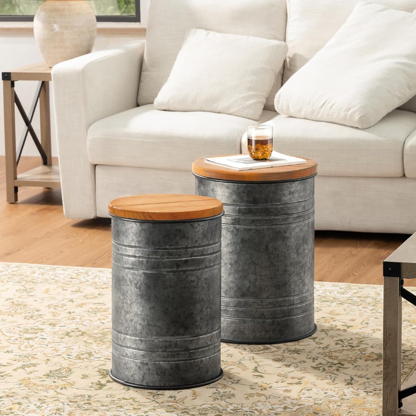 Glitzhome Farmhouse Accent Side Table, Metal Storage Stool Ottoman with Round Lid - Galvanized Coffee Cocktail End Tables Set of 2 for Living Room Bedroom, Grey