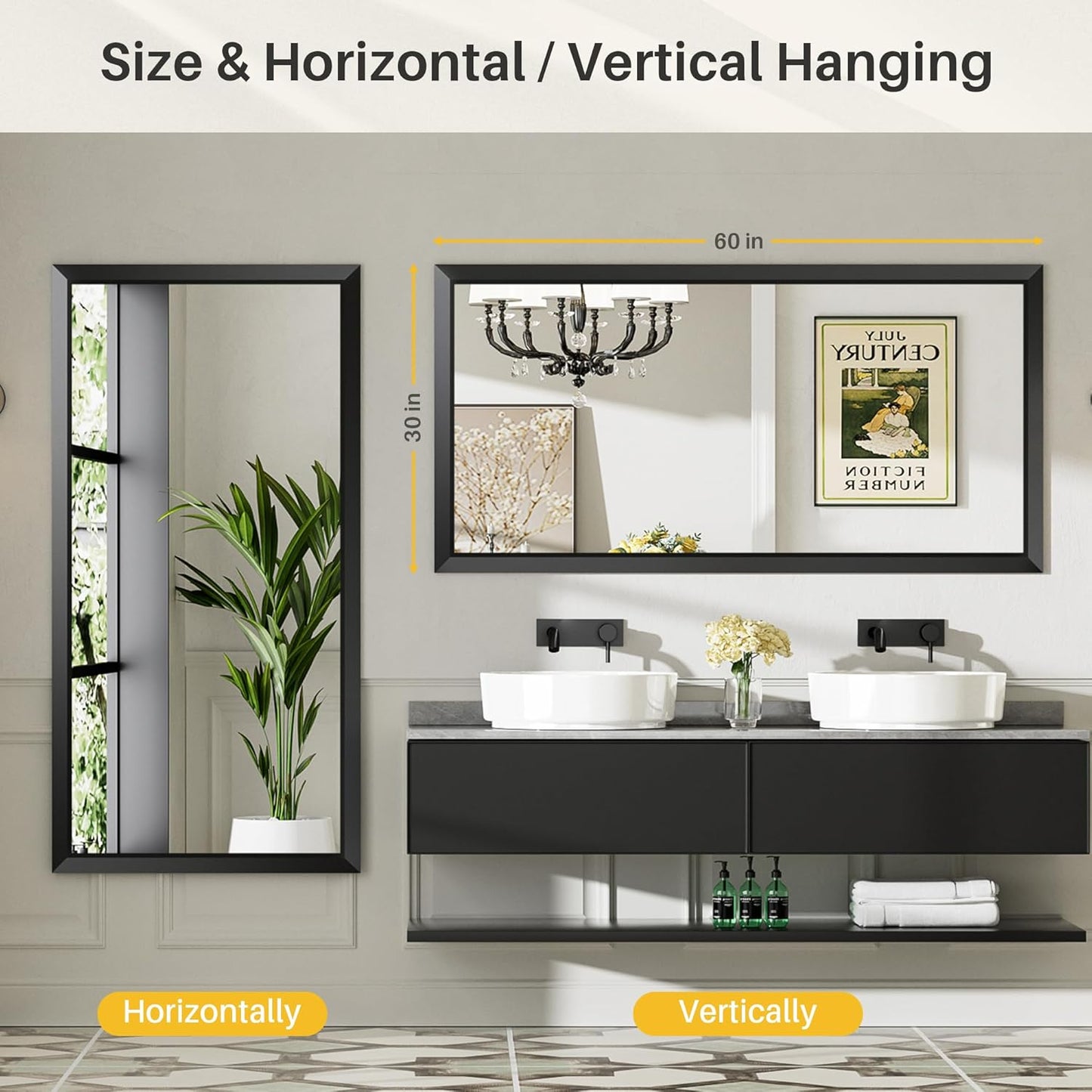 60x28 Inch Black Bathroom Mirror for Wall, Thick Metal Framed Rectangle Mirrors for Over Sink, Bedroom, Living Room, Entryway, Anti-Rust, HD Tempered Glass