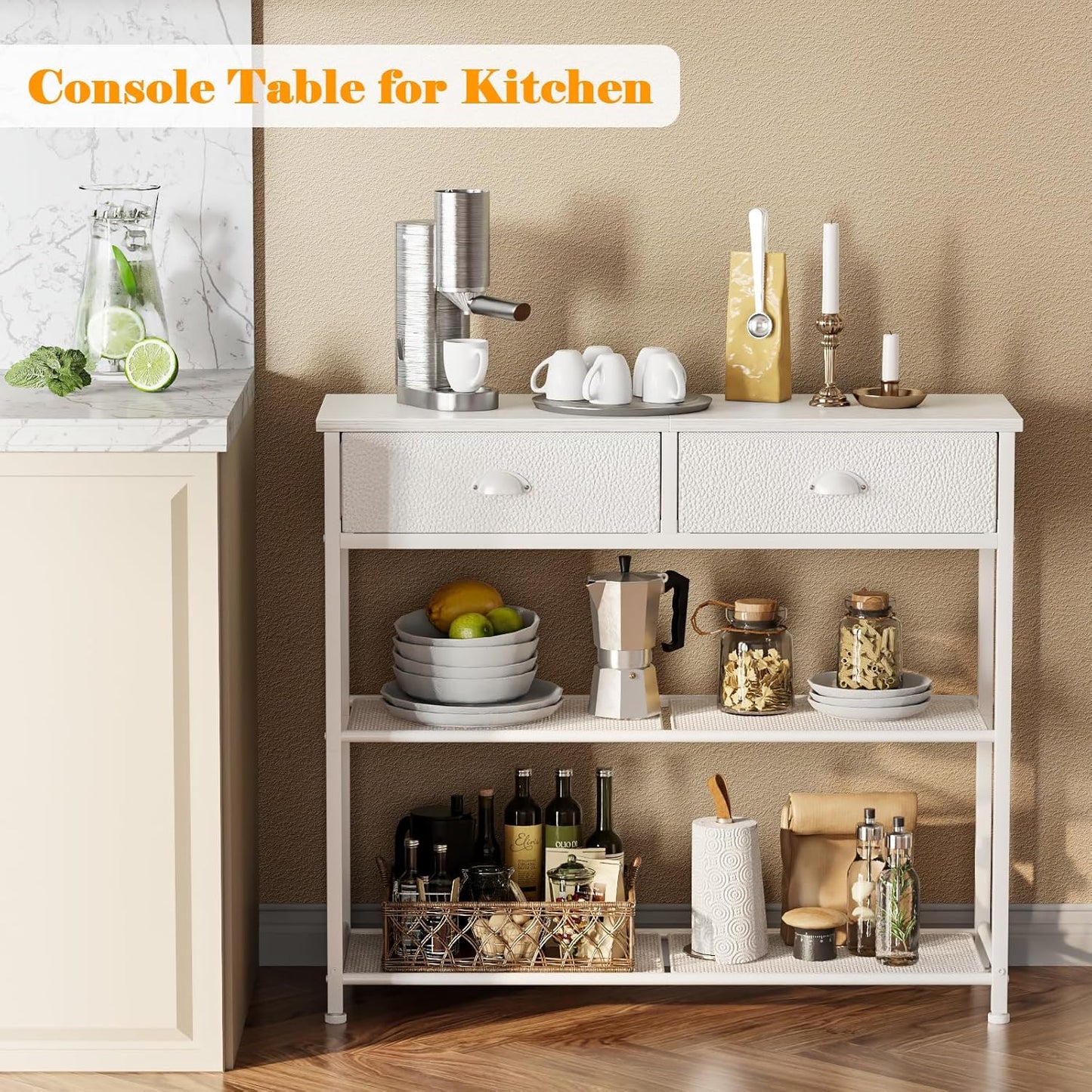 Furologee 30'' Entryway Table, White Console Table with Storage, Narrow Sofa Table with 2 Drawers and 2 Shelves for Hallway, Living Room, Bedroom, Foyer, Couch, Tv