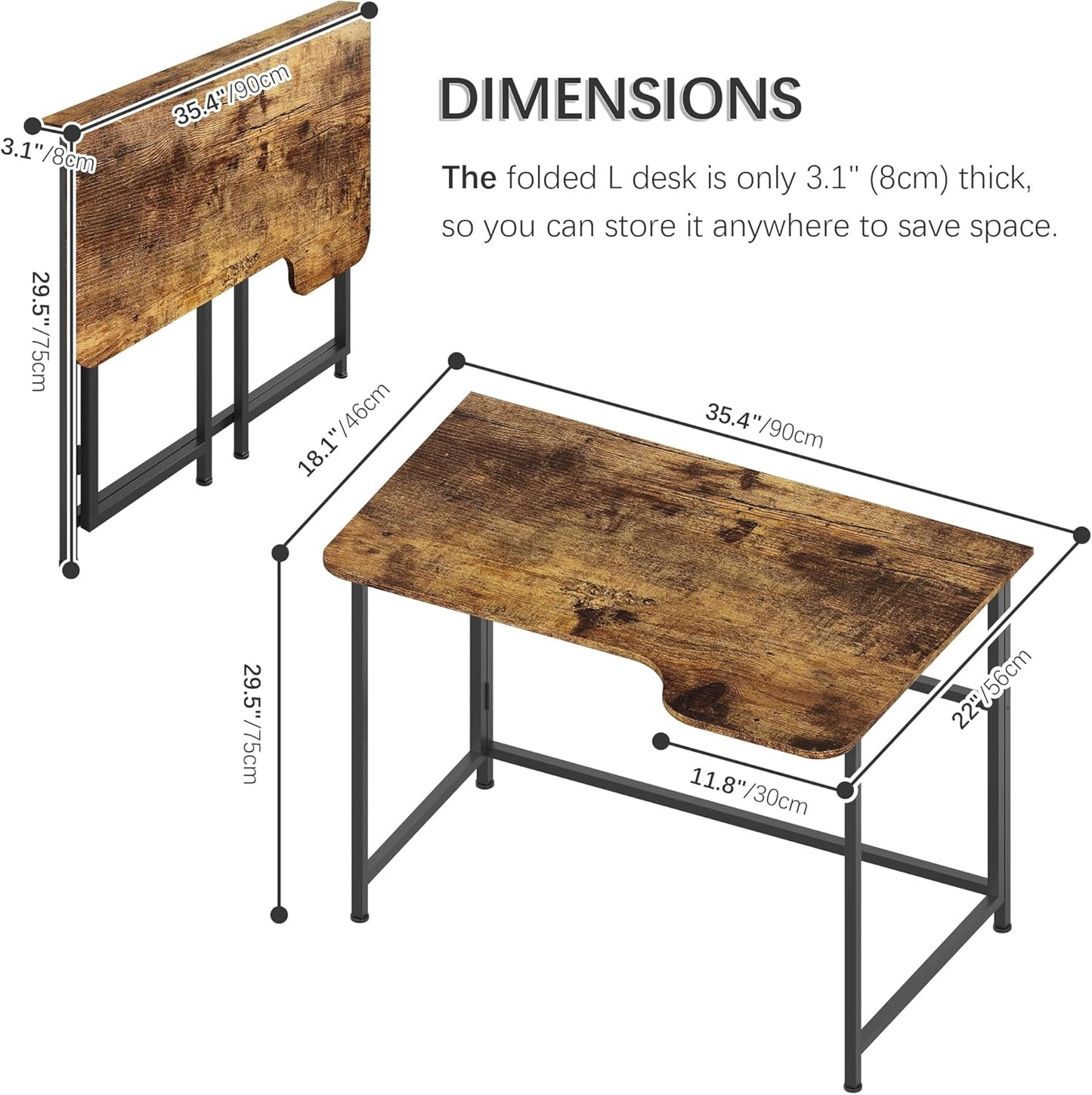 4NM Folding Desk, 35.4 Inch Small Foldable L Desk for Small Spaces, Space Saving Computer Table Writing for Home Office Bedroom, Easy Assembly, Rustic Brown