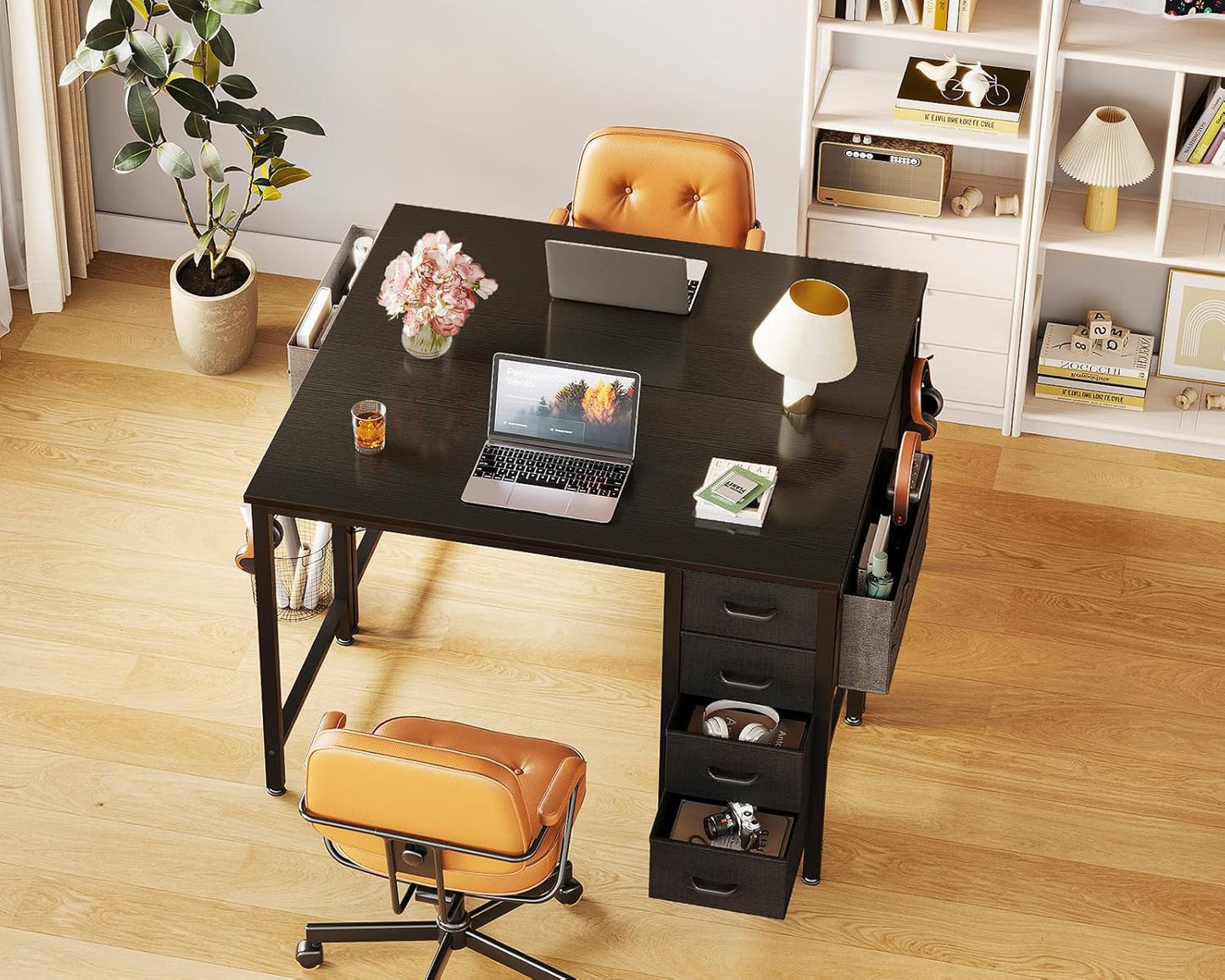 Casaottima 32-Inch Small Computer Desk with 4 Fabric Drawers — Home Office Desks with Storage, Writing Desk with Side Hook and Cloth Bag, Modern Study/Work Table for Bedroom and Small Space, Black