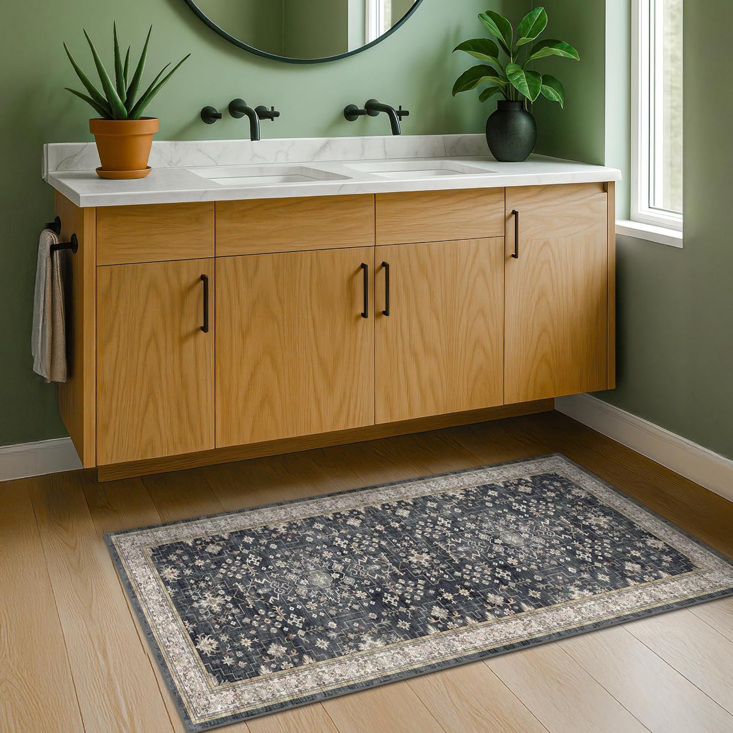 Black 2x4 Entryway Runner Rugs, Small Runners for Kitchen, Door Mat Indoor Entrance, Bathroom, Non-Slip Low-Pile Washable Stain Resistant, Vintage Ashen Charcoal Floral Decor