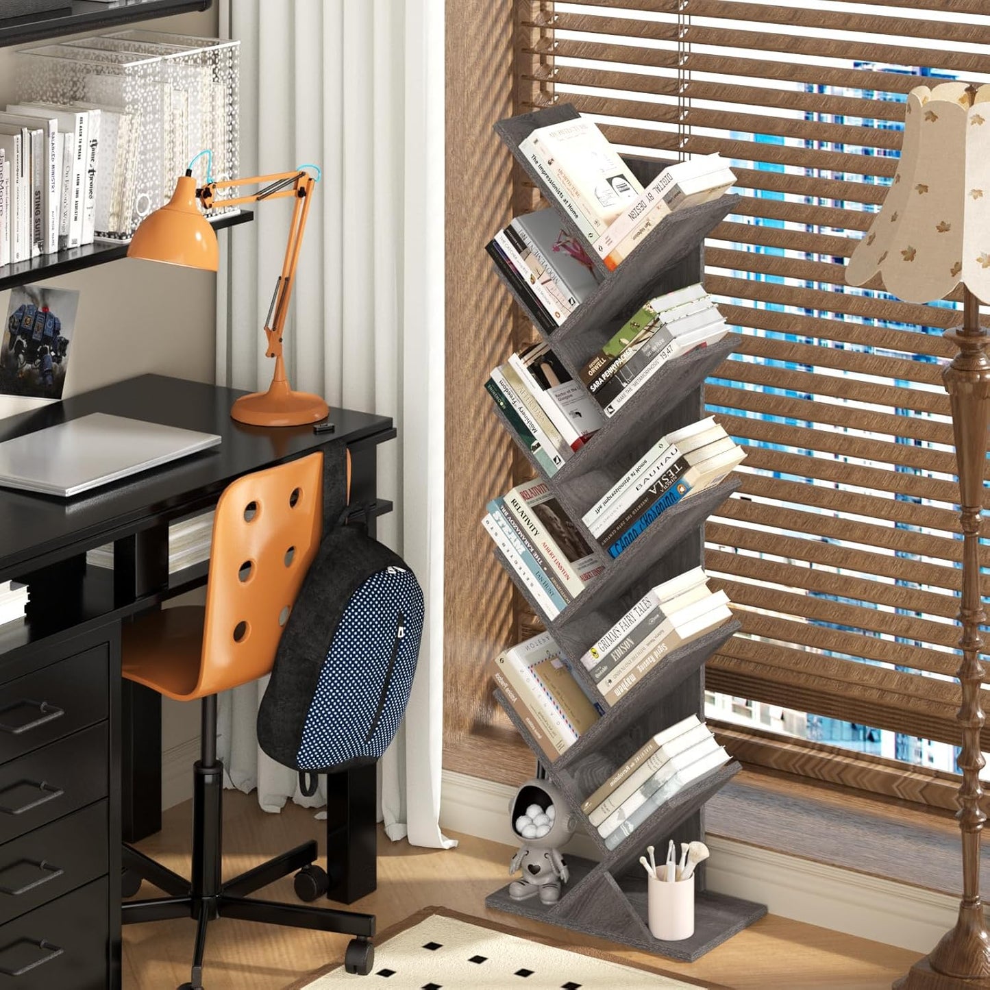 10 Tier Tree Book Shelf, Floor Standing Wood Bookshelf for Narrow Space, Storage Organizer Bookshelves for Books/CDs/Magazine, Bookcase with Shelves for Home Office, Living Room - Light Grey