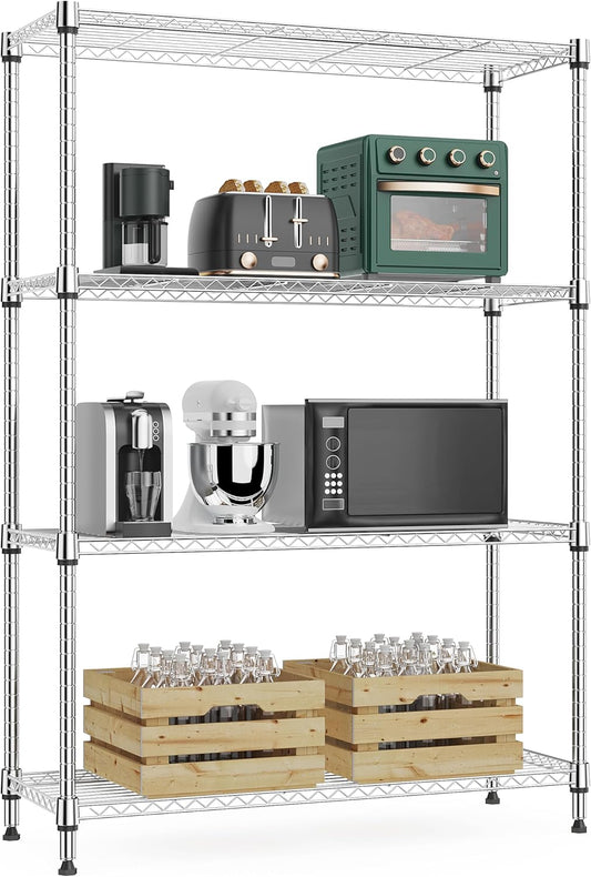 1000 lbs 4Tier Shelf Metal Storage Shelves Wire Rack Closet Organizers with Wheel for Garage Kitchen Bathroom Laundry Chrome 13.7" D x 29.5" W x 47.2" H