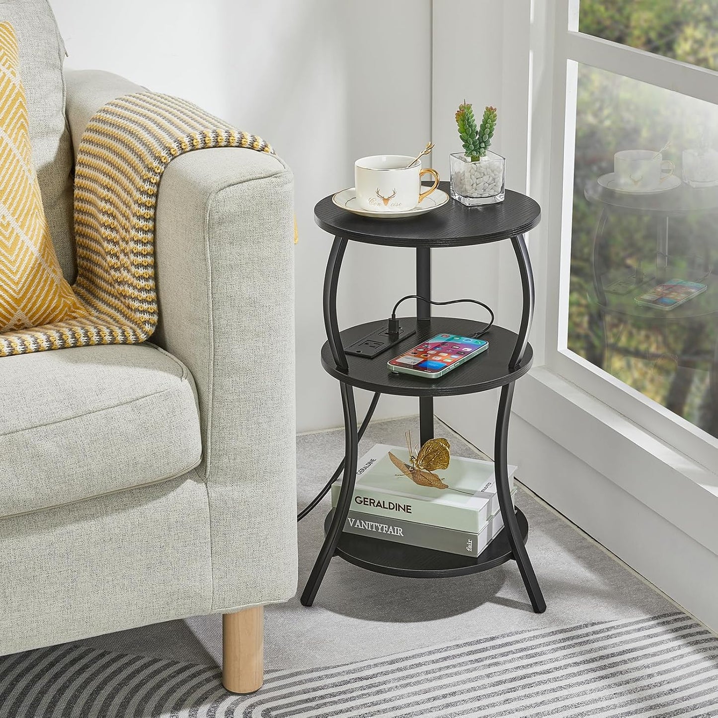 Small Round Side Table with Charging Station, 3-Tier Waist Circular End Table with Storage Shelf, Compact Tea Sofa Side Table Small Spaces, Round Corner Coffee Table for Living Room Bedroon,Black