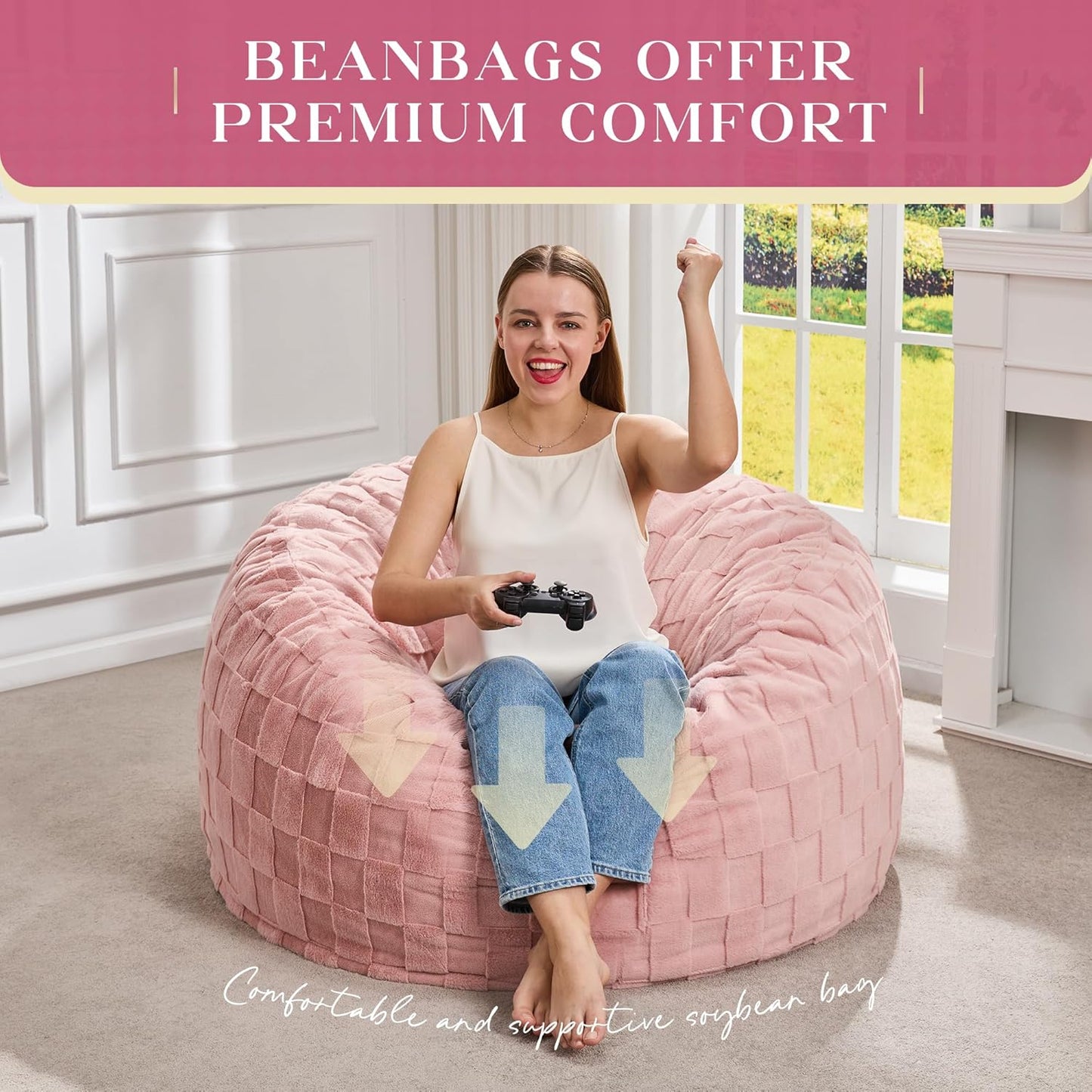 Hobestluk Bean Bag Chairs Beanbag Chair with Filler Adult Bean Bags with Fluffy Plaid Cover, Giant Bean Bag Chairs for Adults for Living Room, Bedroom (Pink, 3FT - 36” x 36” x 22”)