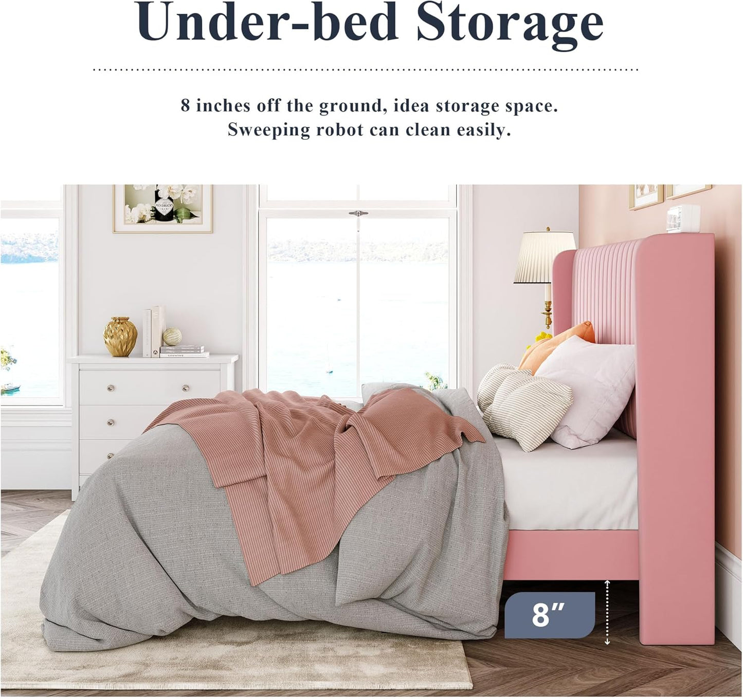 Allewie Queen Size Velvet Bed Frame/Vertical Channel Tufted Wingback Headboard/Upholstered Platform Bed/Strong Wooden Slats/No Box Spring Needed/Easy Assembly/Pink