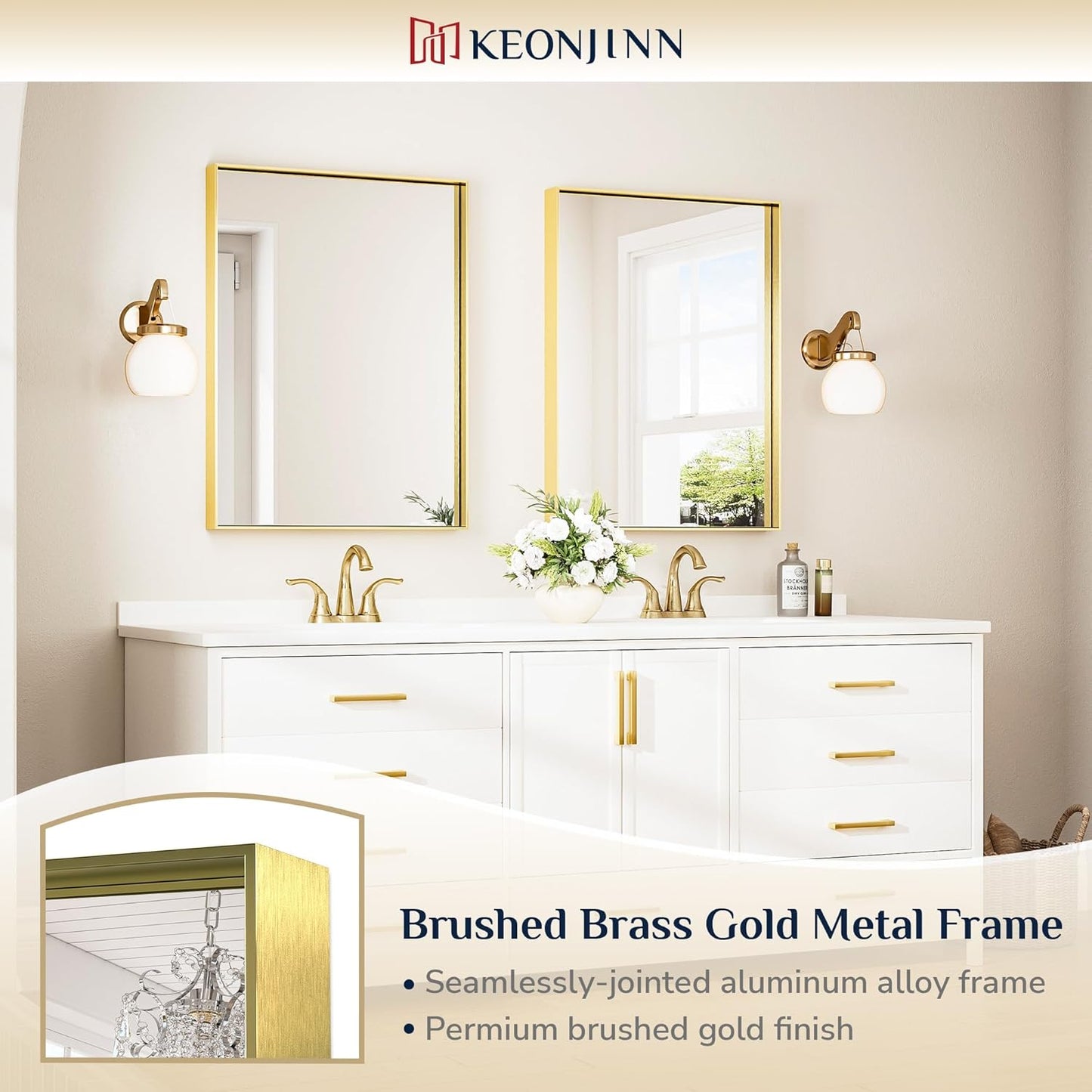 Keonjinn 24 x 32 In Brushed Gold Bathroom Mirror for Over Sink Shiny Gold Rectangle Wall Mirror Metal Framed Rectangular Farmhouse Mirror Modern Square Corner Framed Vanity Mirror(Horizontal/Vertical)
