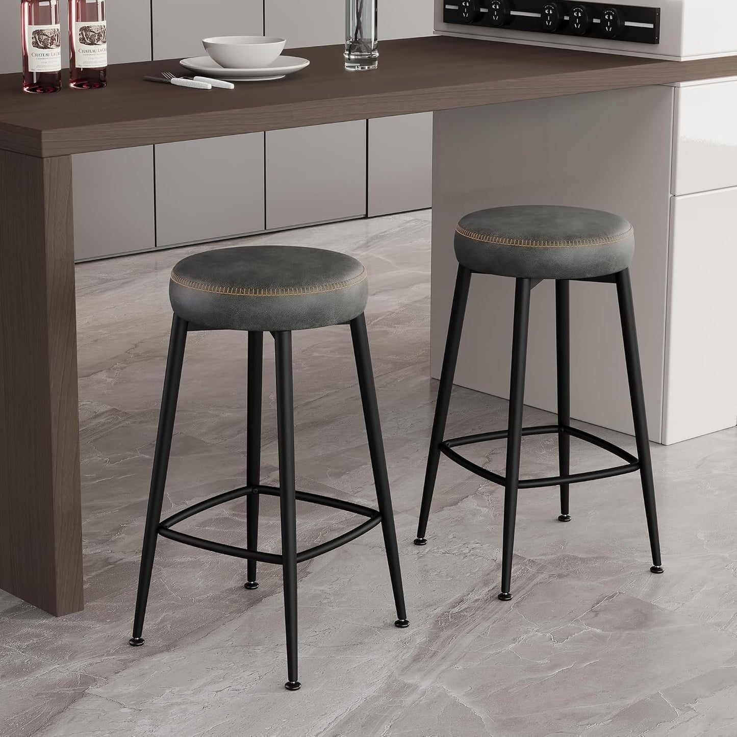 Counter Height Bar Stools, 26" H Backless Bar Stools Set of 4, Upholstered Faux Leather Kitchen Counter Stools, Mid Century Modern, Kitchen Island Home Bar, Pub, Black Grey