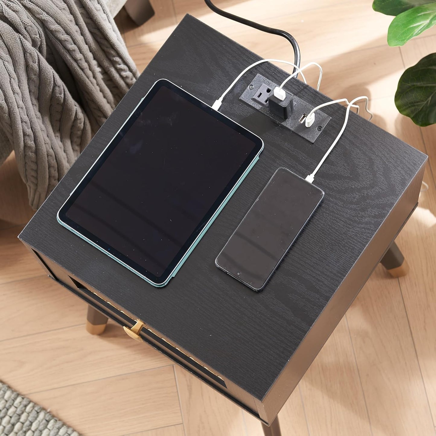 Modern Style Side Table, Small End Table with Drawer and Shelf for Living Room, Square Wooden Nightstand, Black