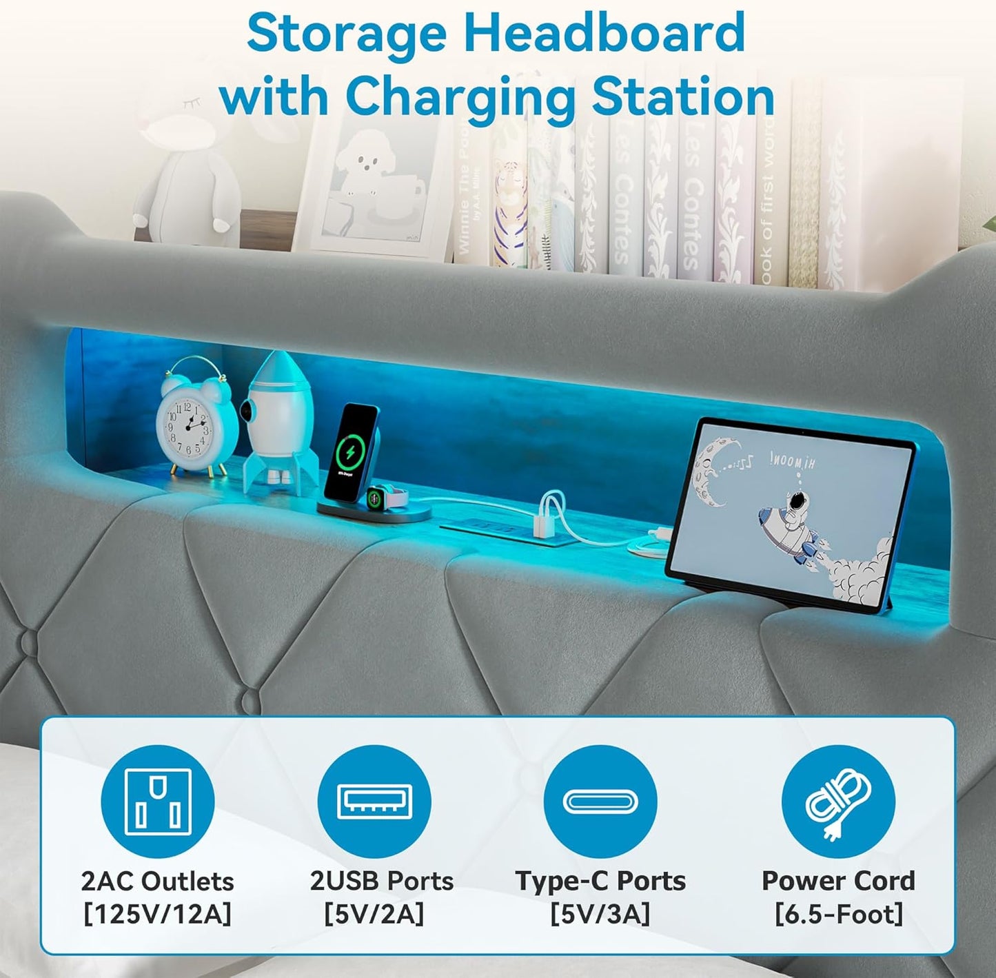 Queen Upholstered LED Bed Frame with 2 Storage Drawers and 2-Tier Storage Headboard, Velvet Platform Bed with Charging Station & Bookcase, Heavy Duty Metal Support, No Box Spring Needed, Grey