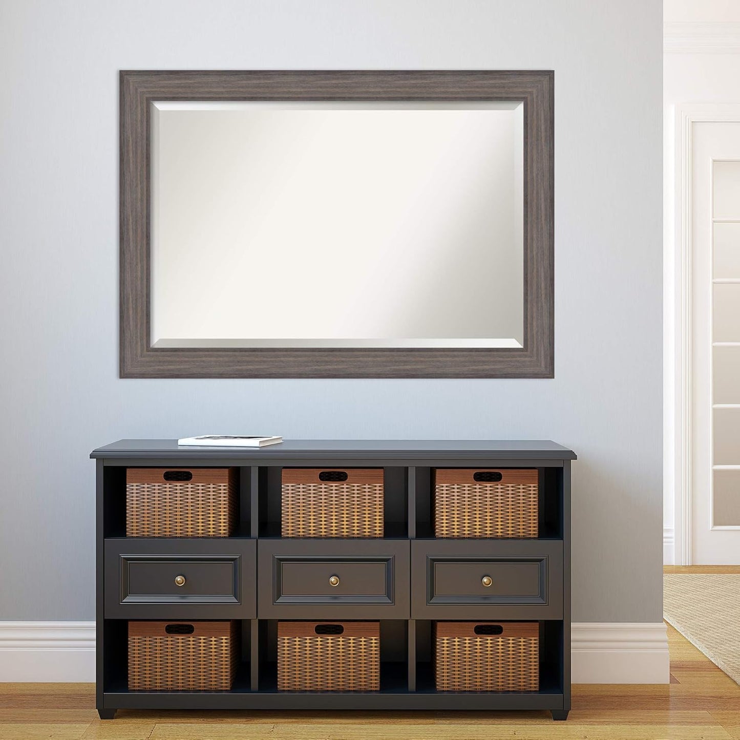 Amanti Art Grey Wall Mirror 29x41 Country Barnwood Rectangle Bathroom Mirror for Wall Decor Living Room, Large Rustic Farmhouse Wood Frame, Hangs Horizonally and Vertically, Bathroom Decor, Beveled