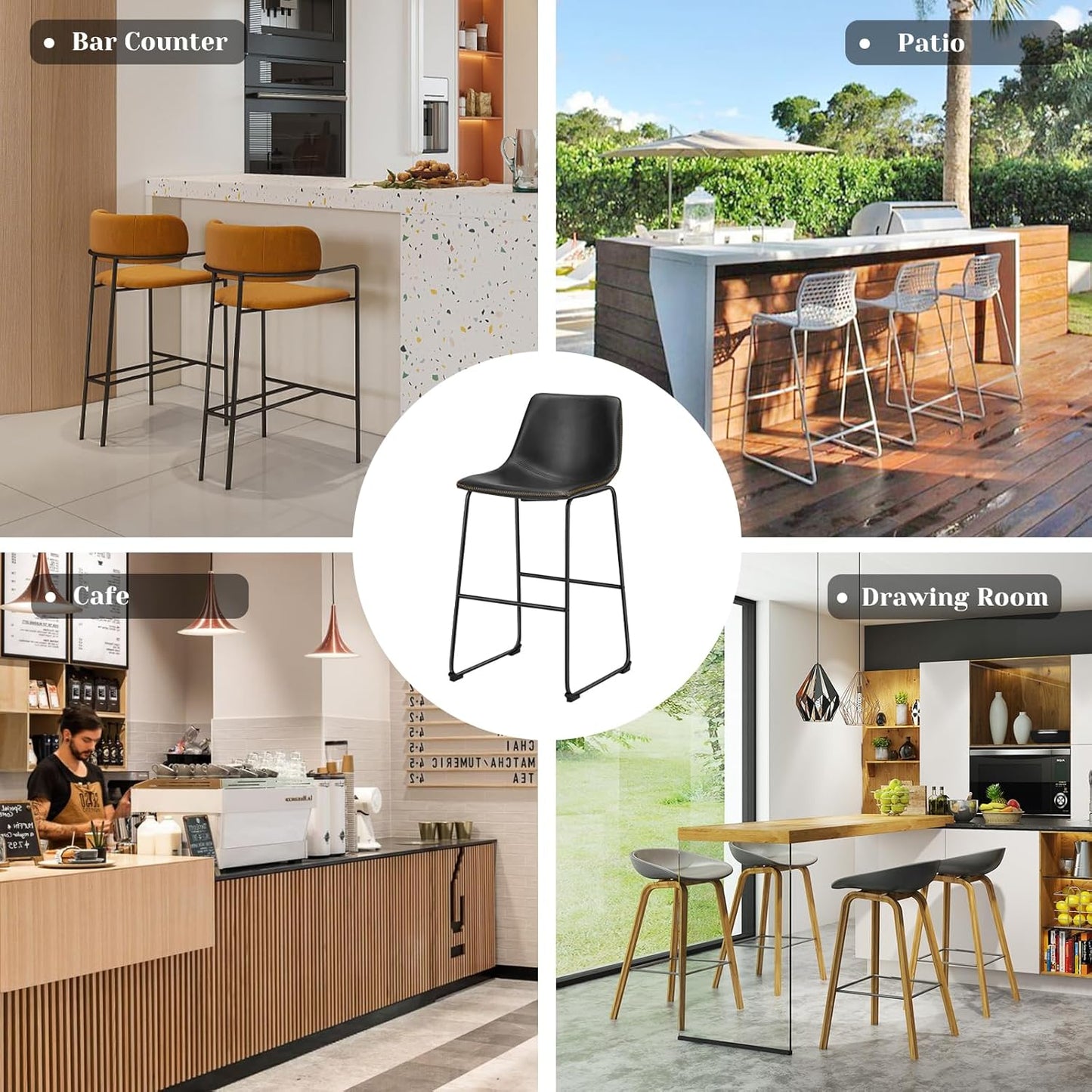 DUMOS 30 Inch Counter Height Bar Stools Set of 4, Modern Faux Leather High Barstools with Back and Metal Leg, Bar Chairs for Kitchen lsland, Elegant Black