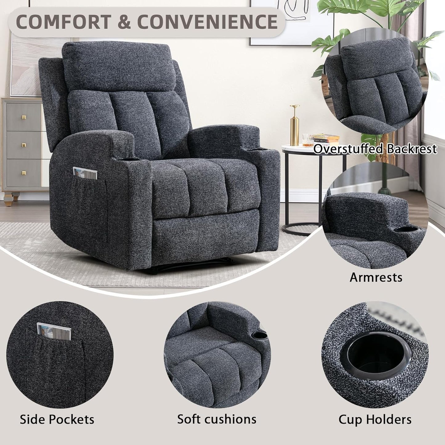 Phoenix Home Manual Recliner Chair Set of 2 with Massage and Heat, Ergonomic Overstuffed Breathable Fabric Recliner Single Sofa with 2 Cup Holders, Living Room Lounge Recliners on Clearance, Dark Gray