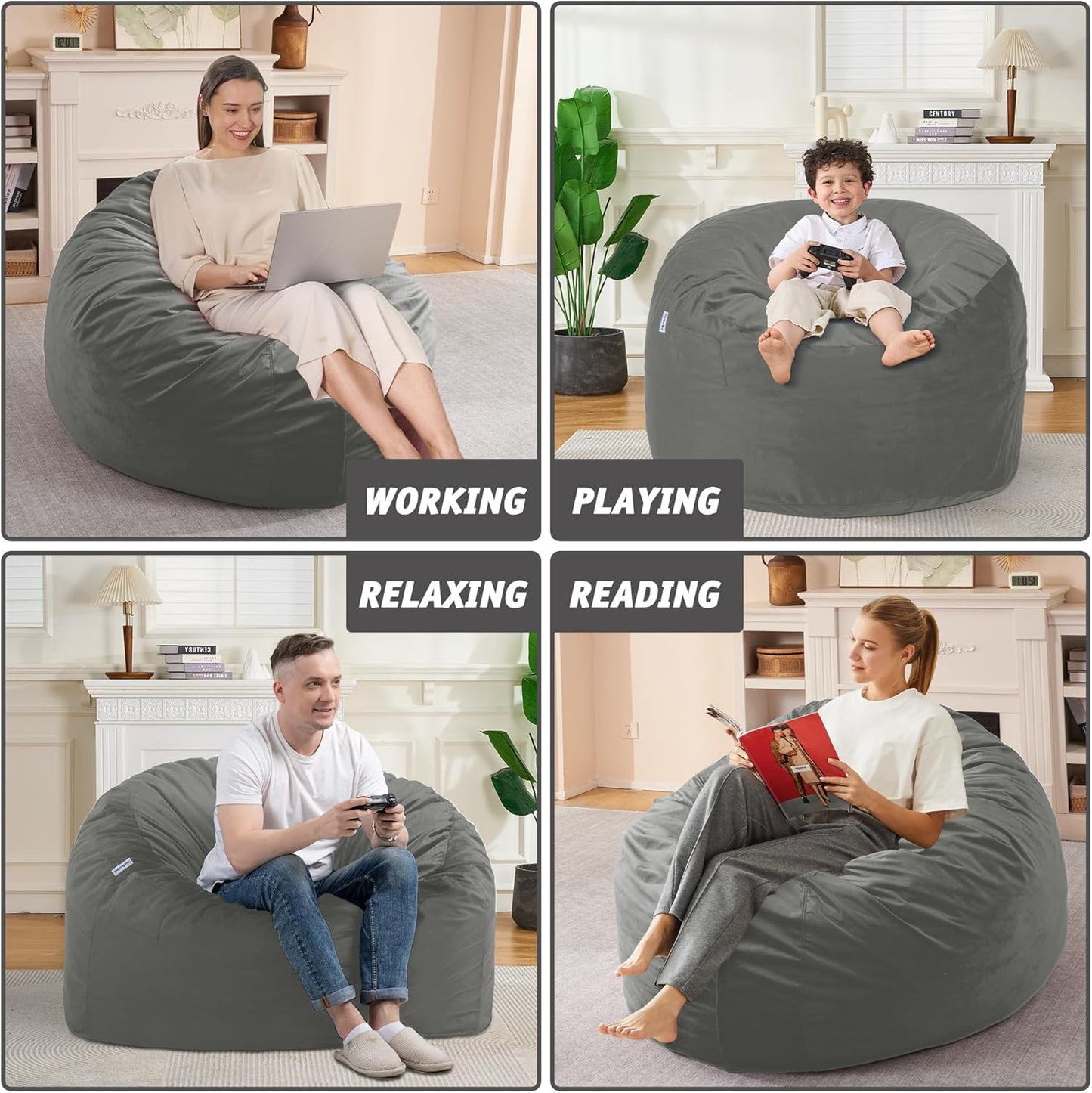 3FT Bean Bag Chair with Ultra Soft Velvet Cover Bean Bag Sofa with Memory Foam Bean Bag Chairs with Large Size Lazy Sofa for Dorm Office Living Room Bedroom Light Grey 3'