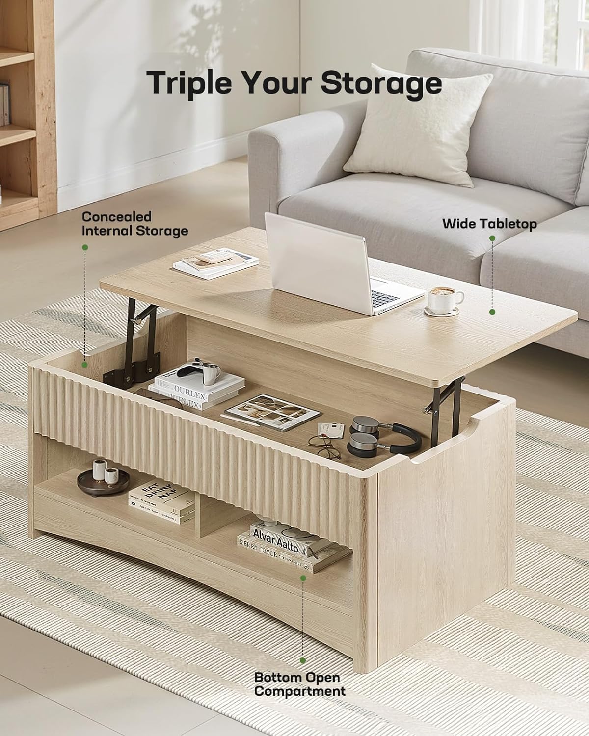 Marsail Lift Top Coffee Table with Open & Hidden Storage, Modern Fluted Coffee Table with Smooth Lift Mechanism, Sturdy Space-Saving Center Table for Home Living Room, Office, Natural Oak