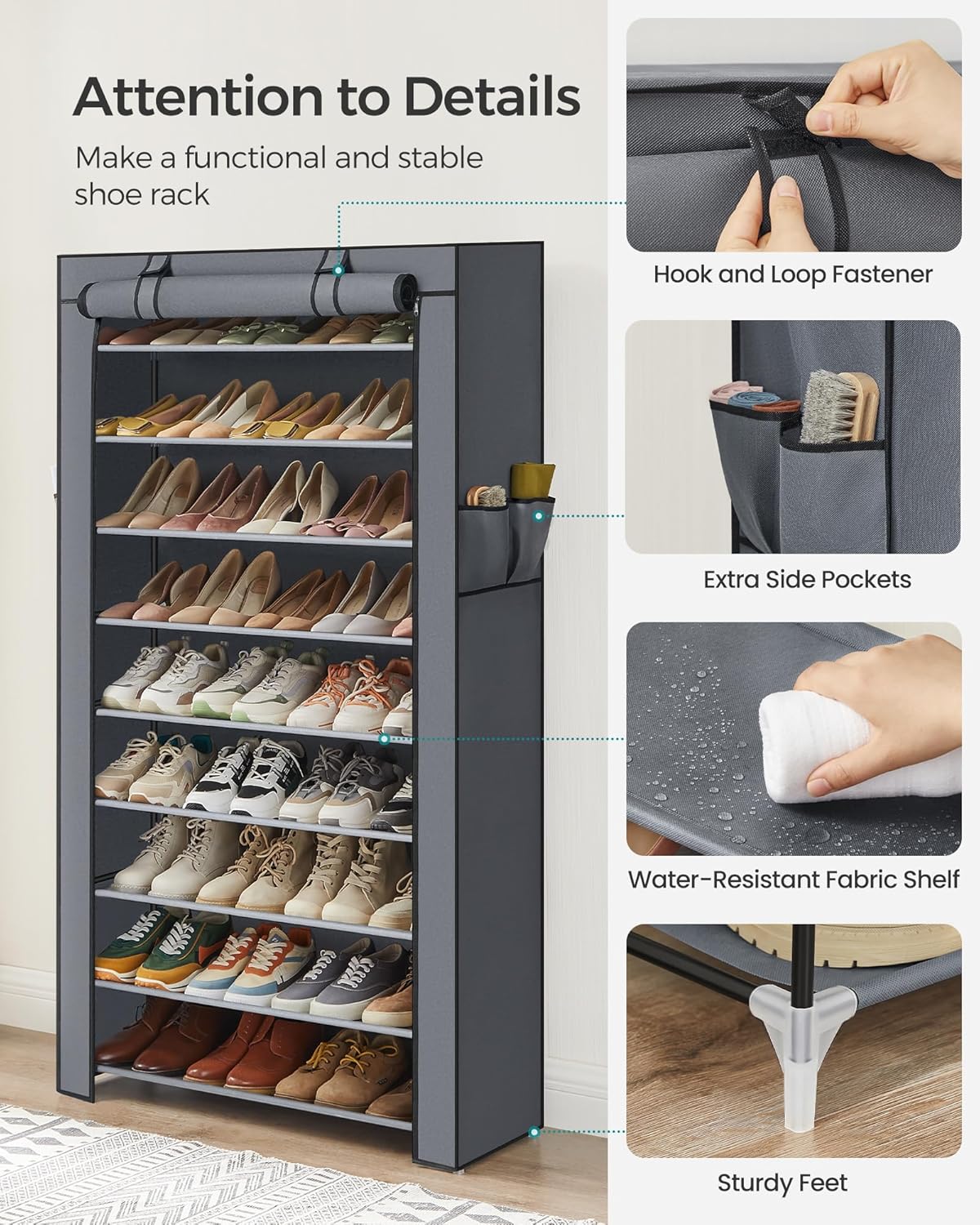 SONGMICS Shoe Rack with Non-Woven Fabric Cover, 9 Tier Storage Shelf for 40-50 Pairs of Shoes, Entryway, Suitable for Sneakers, High Heels, Flats, and Boots, Grey RXJ36G01