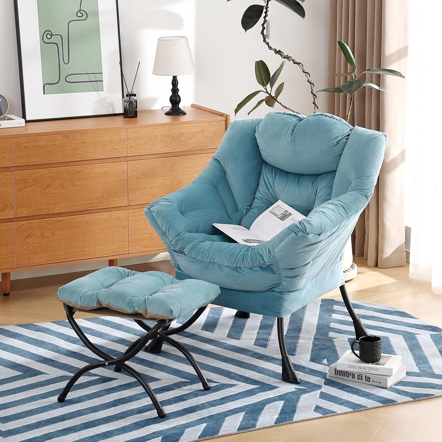 Lazy Chair with Ottoman, Modern Chair with Folding Footrest, Lounge Accent Chair, Comfortable Reading Chair (Velvet Light Blue