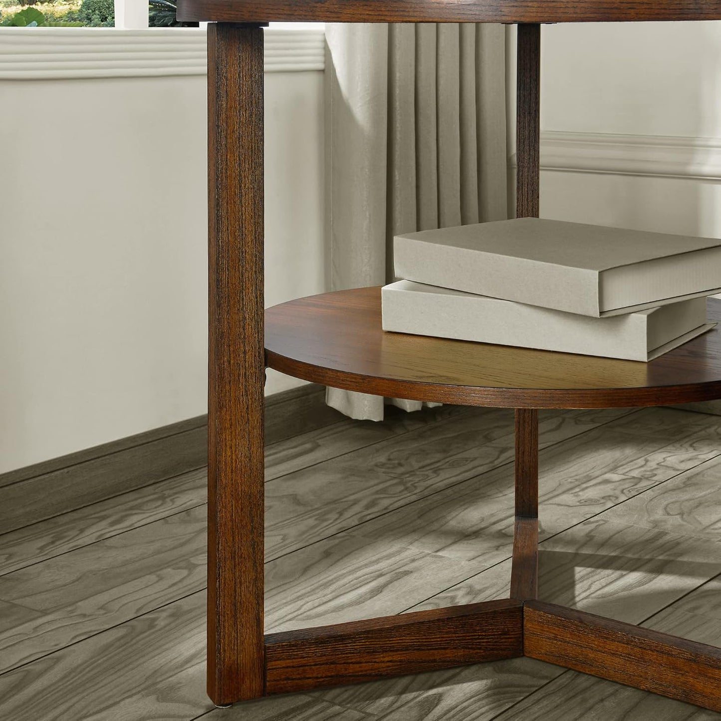 Large Round End Table with Storage Shelf, 25.2" Dia Rustic Beside Tables with Umbrella Top, Traditional Circular Sofa Side Table-,Telephone Table for Living Room Easy Assembly, Vintage Brown CJZ3338NC