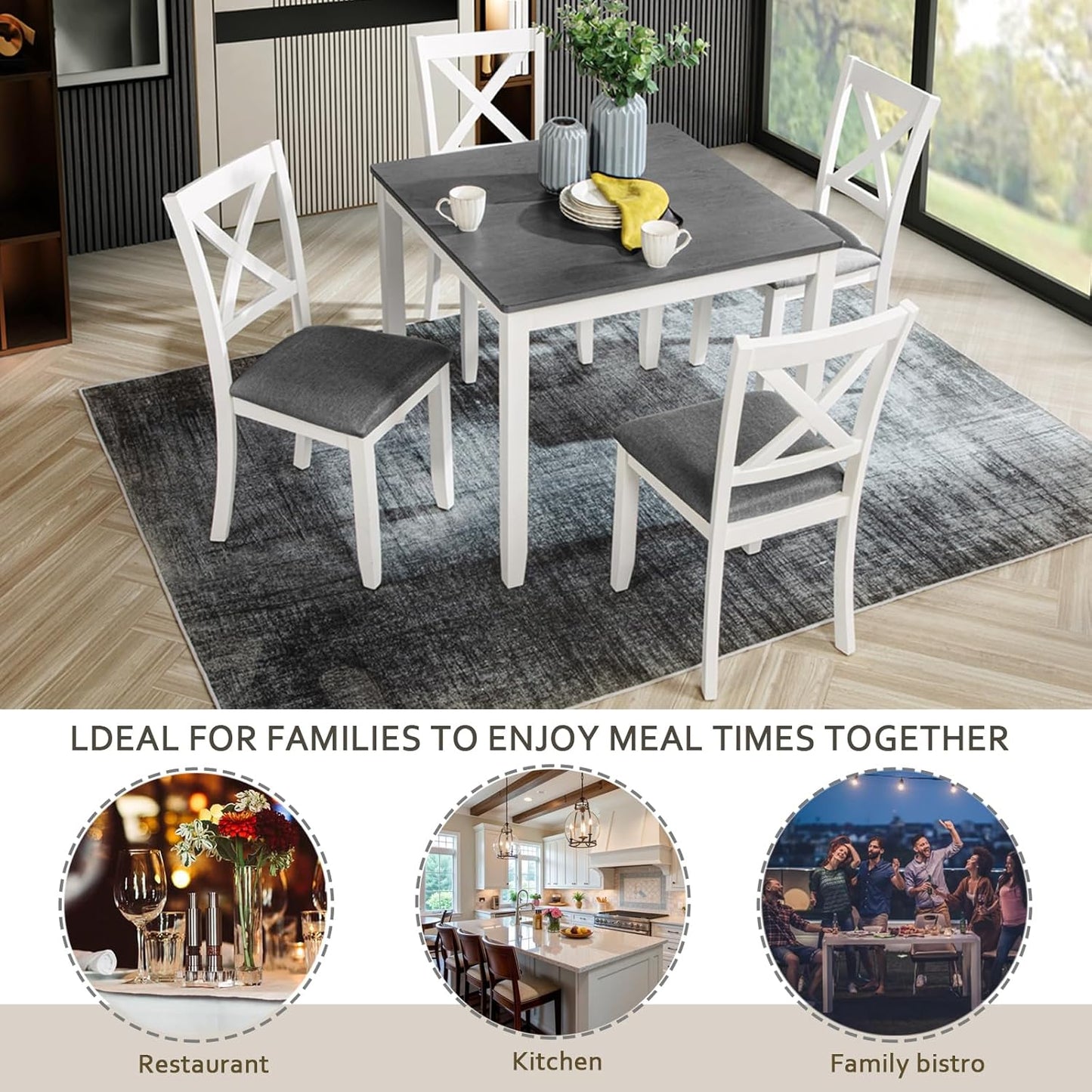 Ball & Cast 5 Piece Dining Table Set with 4 X-Back Chairs,Wooden Living Room Furniture W/ 34.5" Square Kitchen Desk,Easy Assemble & Clean,for Small Space,Apartment,Dining Room,White+Gray