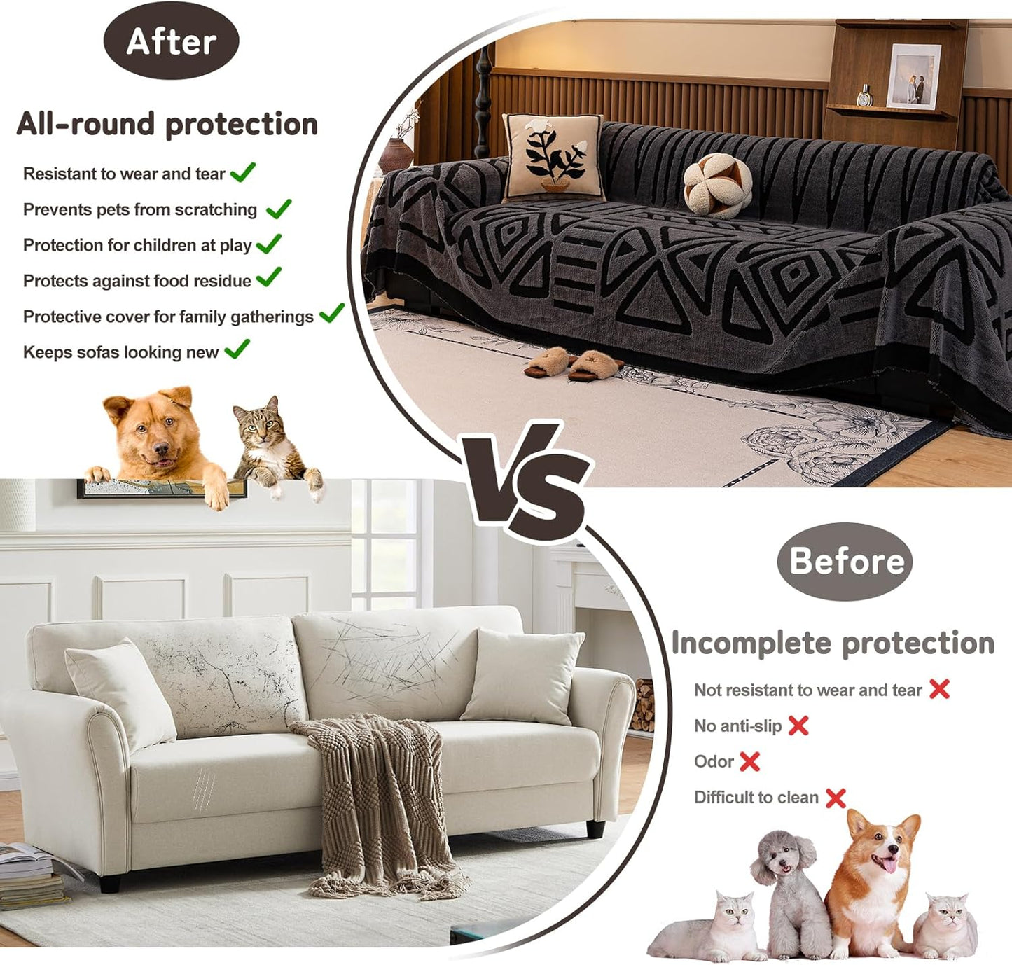 HANDONTIME Dark Grey Sofa Cushion Covers Boho Couch Sofa Covers Short Plush Couch Cover for Sofa Shu Velveteen Couch Sofa Slipcover for Pets Black Geometric Sofa Cover Washable Warm Soft, 71" X150"